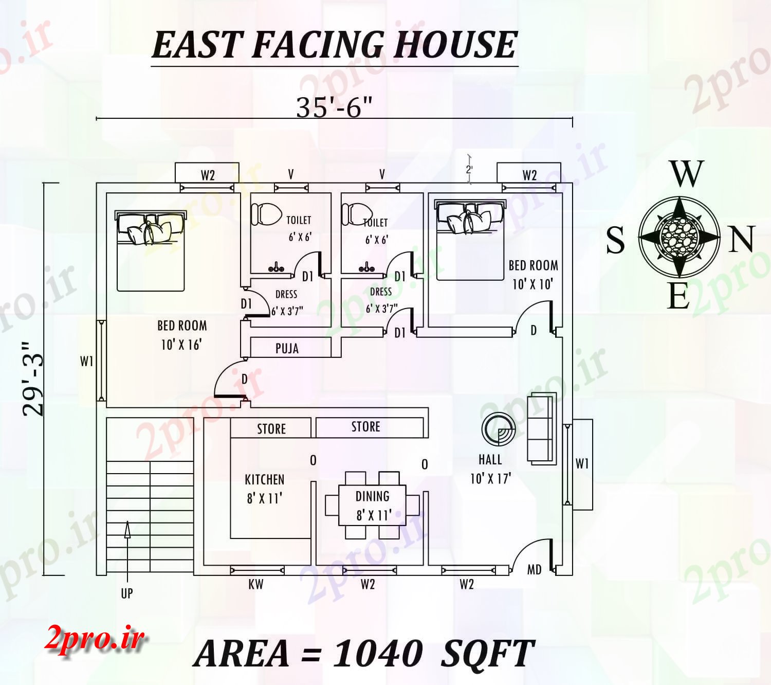 دانلود نقشه مسکونی ، ویلایی ، آپارتمان 6 X29'3 'عالی 2bhk مبله شرق مواجه خانه طرحی به عنوان در هر Vastu Shastra هستند، اتوکد و جزئیات پی دی اف 8 در 10 متر (کد157416)