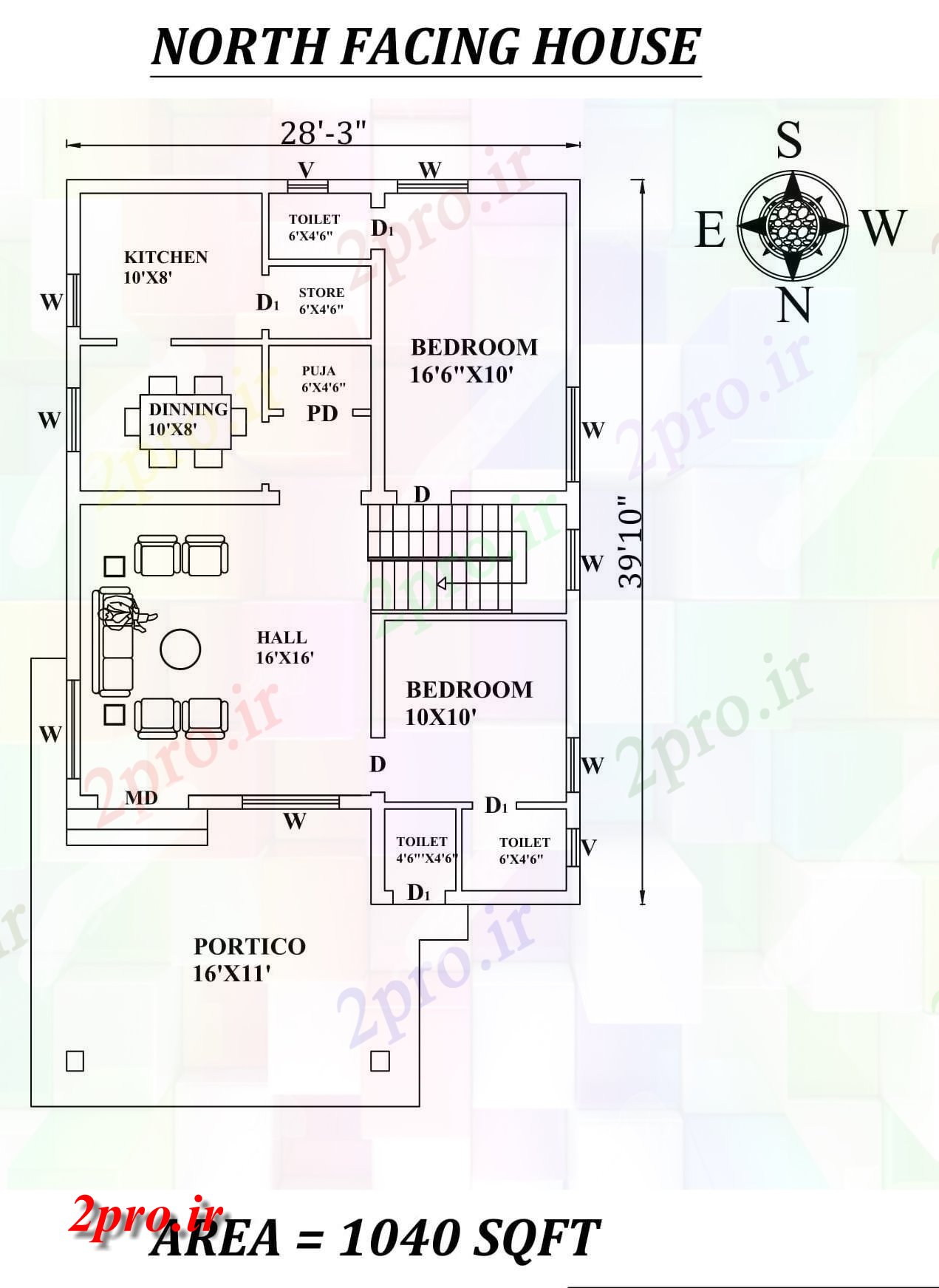 دانلود نقشه مسکونی ، ویلایی ، آپارتمان 3 X 39'10 شگفت انگیز شمالی طرحی خانه 2bhk به عنوان در هر Vastu Shastra هستند اتوکد و جزئیات پی دی اف 8 در 11 متر (کد157419)