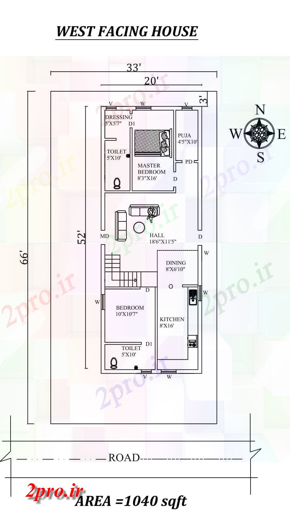 دانلود نقشه مسکونی ، ویلایی ، آپارتمان X66، کامل 2bhk رو به مغرب خانه طرحی به عنوان در هر Vastu Shastra هستند، اتوکد و جزئیات پی دی اف 5 در 15 متر (کد157423)