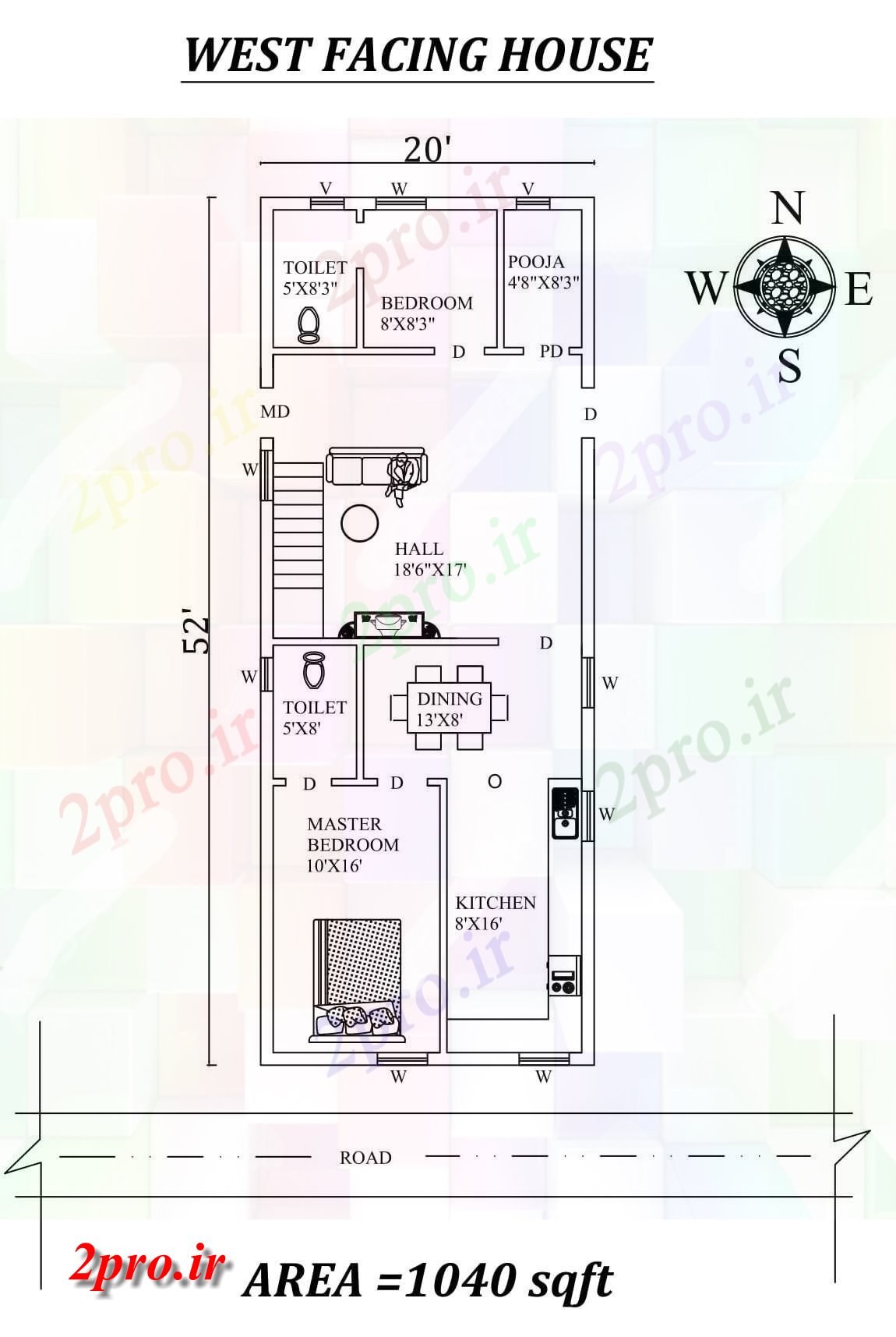 دانلود نقشه مسکونی ، ویلایی ، آپارتمان bhk عالی 20'X52 «غرب رو به خانه طرحی به عنوان در هر Vastu Shastra هستند، اتوکد و جزئیات پی دی اف 5 در 15 متر (کد157426)