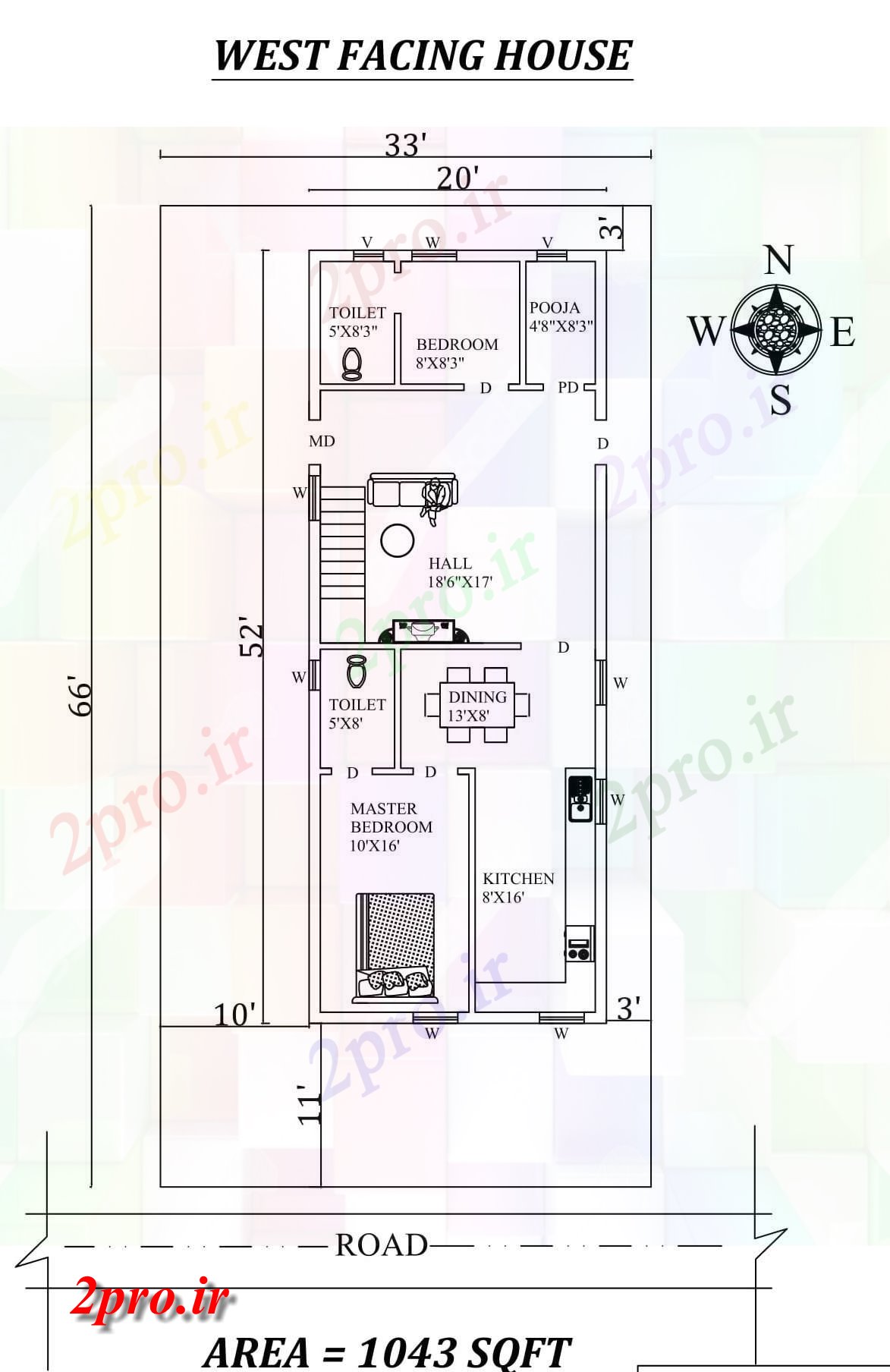 دانلود نقشه مسکونی ، ویلایی ، آپارتمان X52، 2bhk رو به مغرب خانه طرحی به عنوان در هر Vastu Shastra هستند، اتوکد و جزئیات پی دی اف 5 در 15 متر (کد157428)