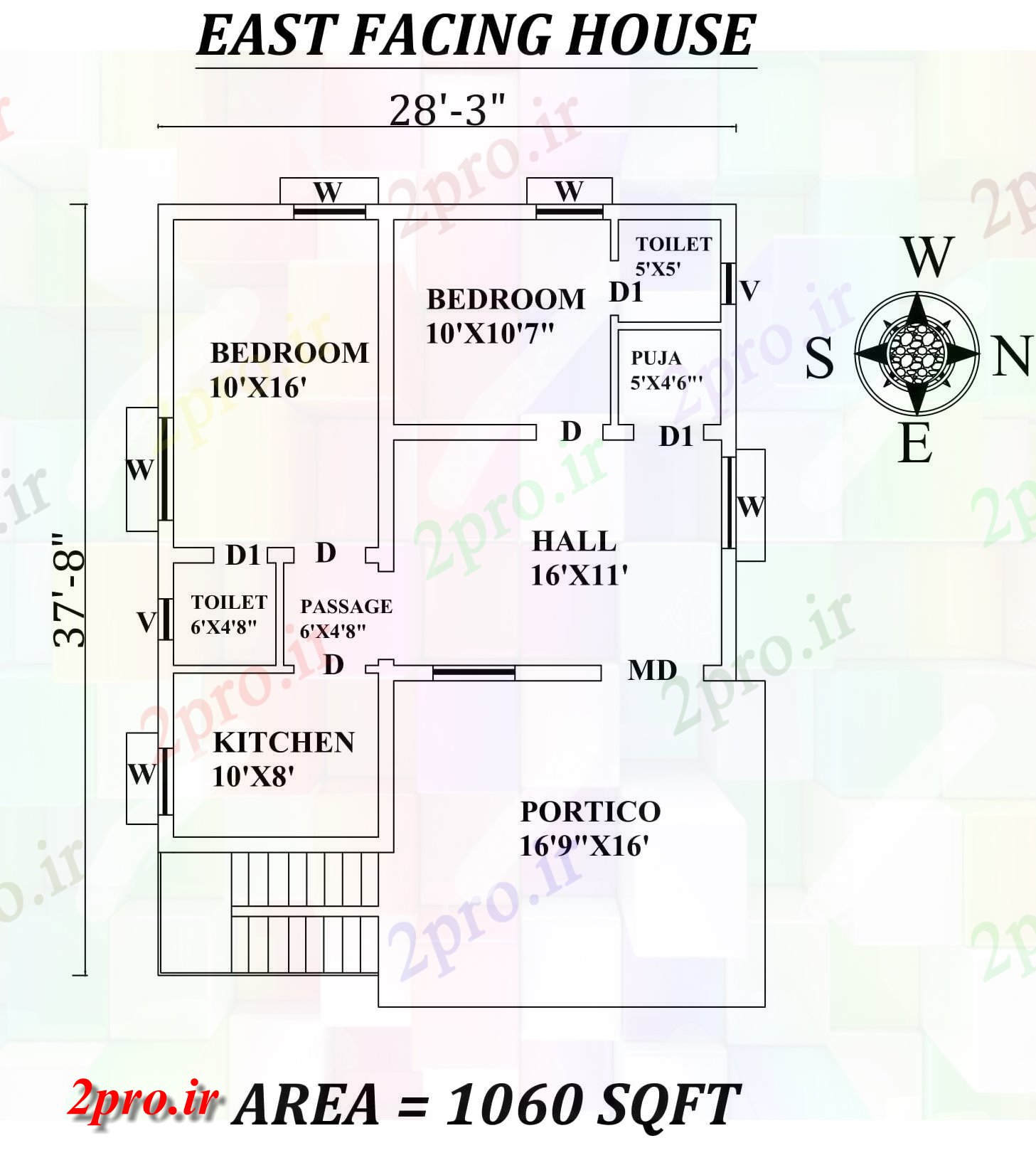 دانلود نقشه مسکونی ، ویلایی ، آپارتمان 3 x37'8 شگفت انگیز 2bhk شرق مواجه خانه طرحی به عنوان در هر Vastu را Shastra و جزئیات پی دی اف 8 در 9 متر (کد157431)