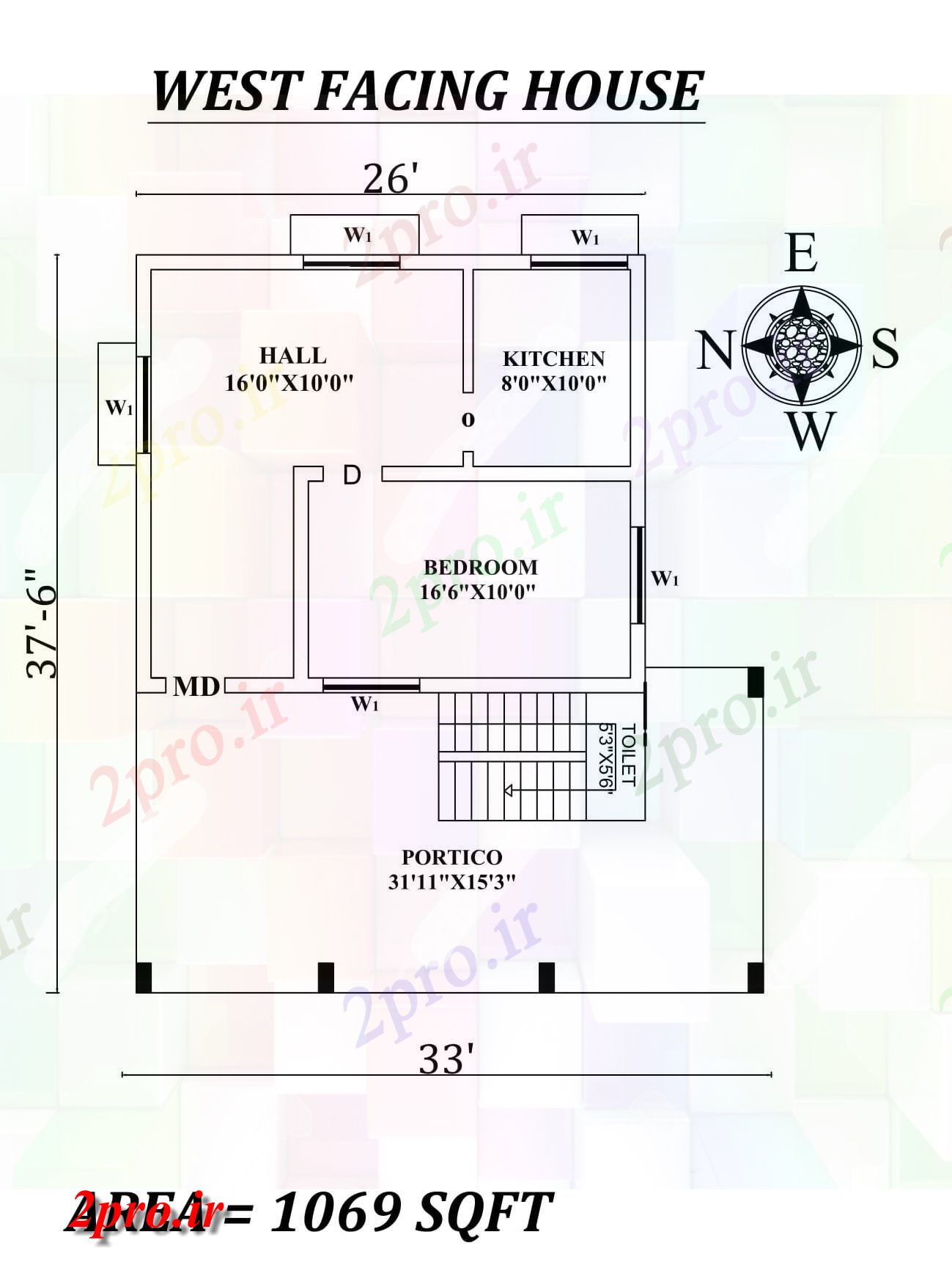 دانلود نقشه مسکونی ، ویلایی ، آپارتمان x37'6 تنها BHK غرب مواجه خانه طرحی به عنوان در هر Vastu Shastra هستند، اتوکد و جزئیات پی دی اف 6 در 7 متر (کد157432)