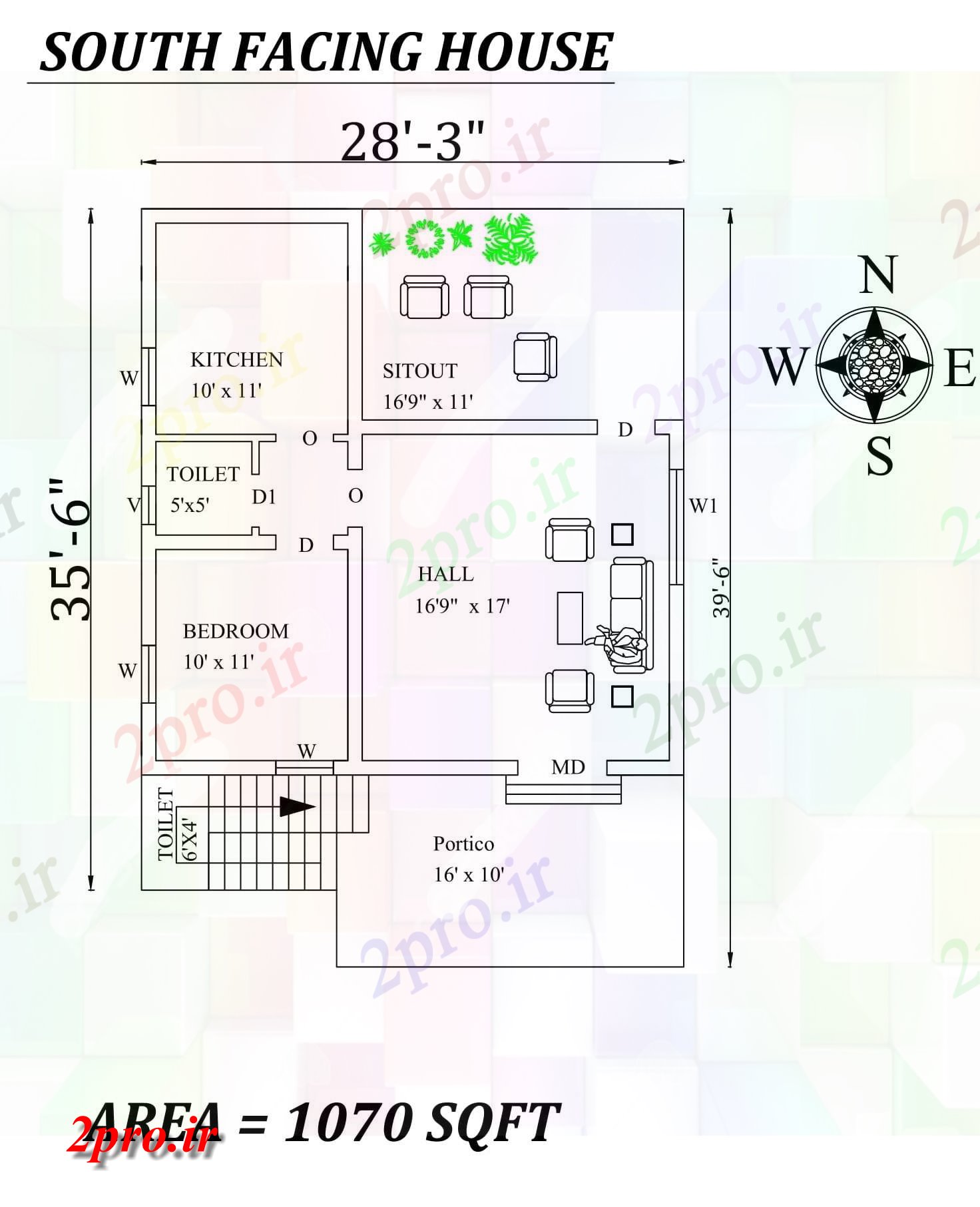 دانلود نقشه مسکونی ، ویلایی ، آپارتمان 3 x35'6 تنها BHK رو به جنوب خانه طرحی به عنوان در هر Vastu Shastra هستند، اتوکد و جزئیات پی دی اف 8 در 8 متر (کد157434)