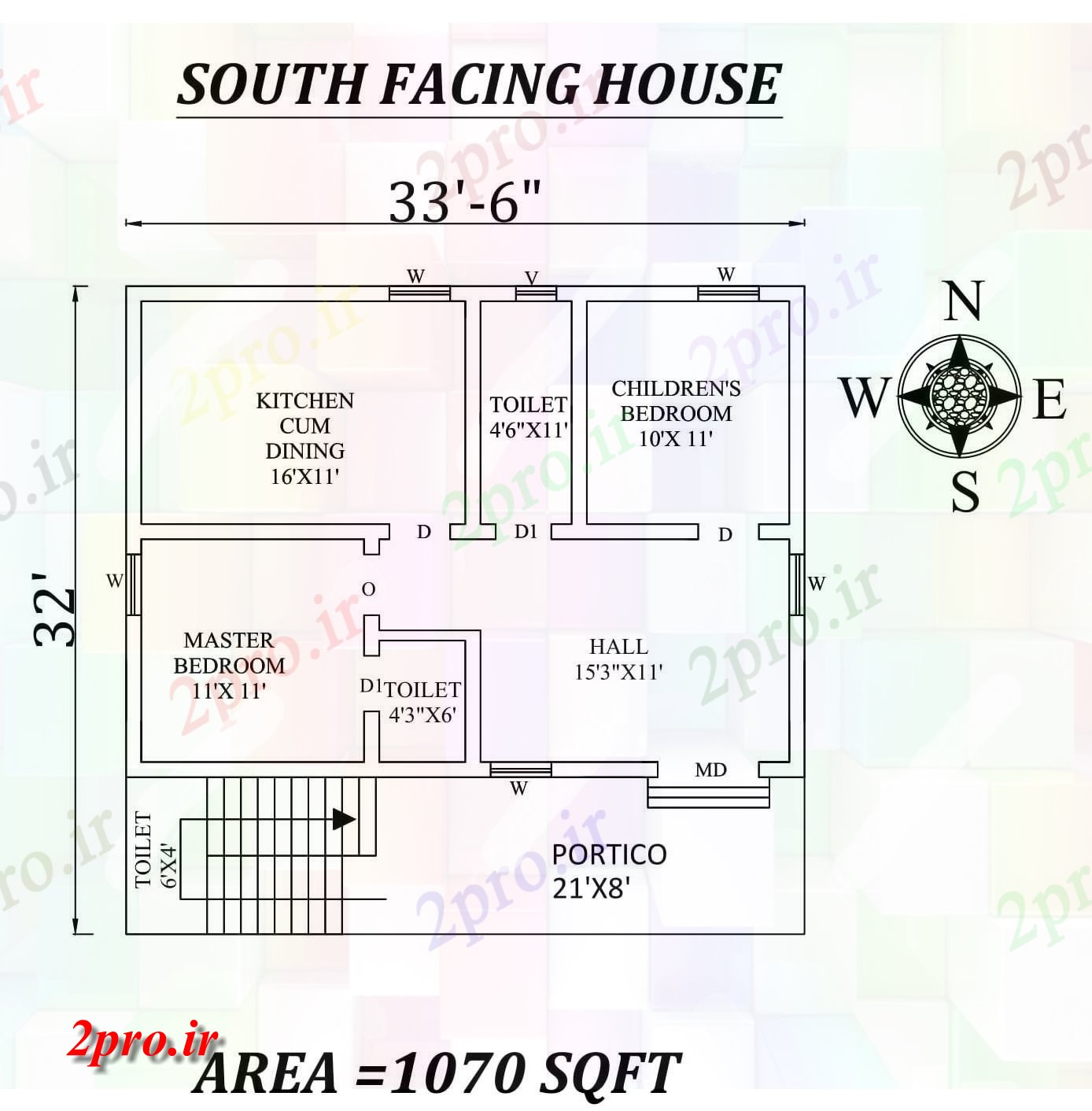 دانلود نقشه مسکونی ، ویلایی ، آپارتمان 6 X32 2bhk شگفت جنوبی، رو طرحی مجلس طرحی به عنوان پستها در طول Vastu Shastra هستند اتوکد و جزئیات پی دی اف 8 در 8 متر (کد157435)