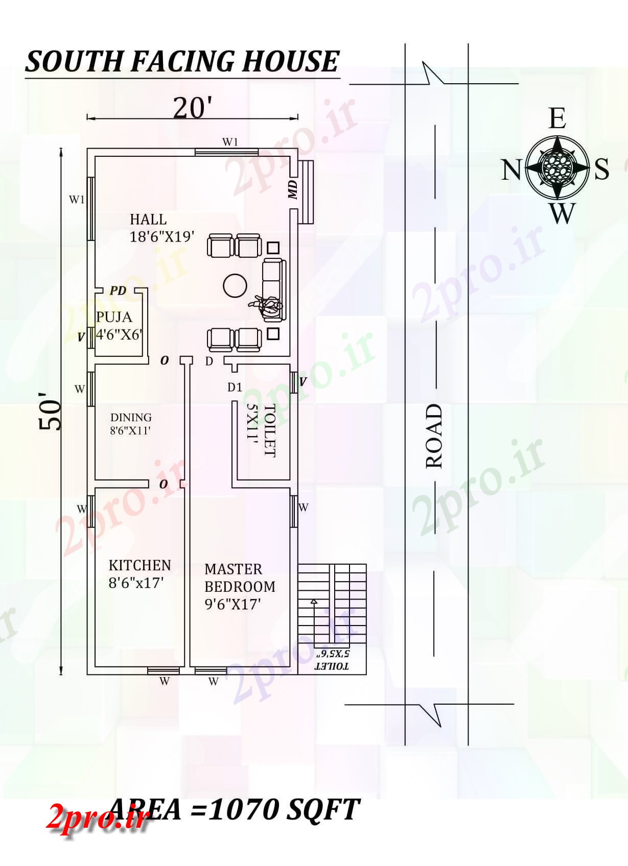 دانلود نقشه مسکونی ، ویلایی ، آپارتمان X50 تک BHK زیبا رو به جنوب خانه طرحی به عنوان در هر Vastu Shastra هستند 5 در 14 متر (کد157436)