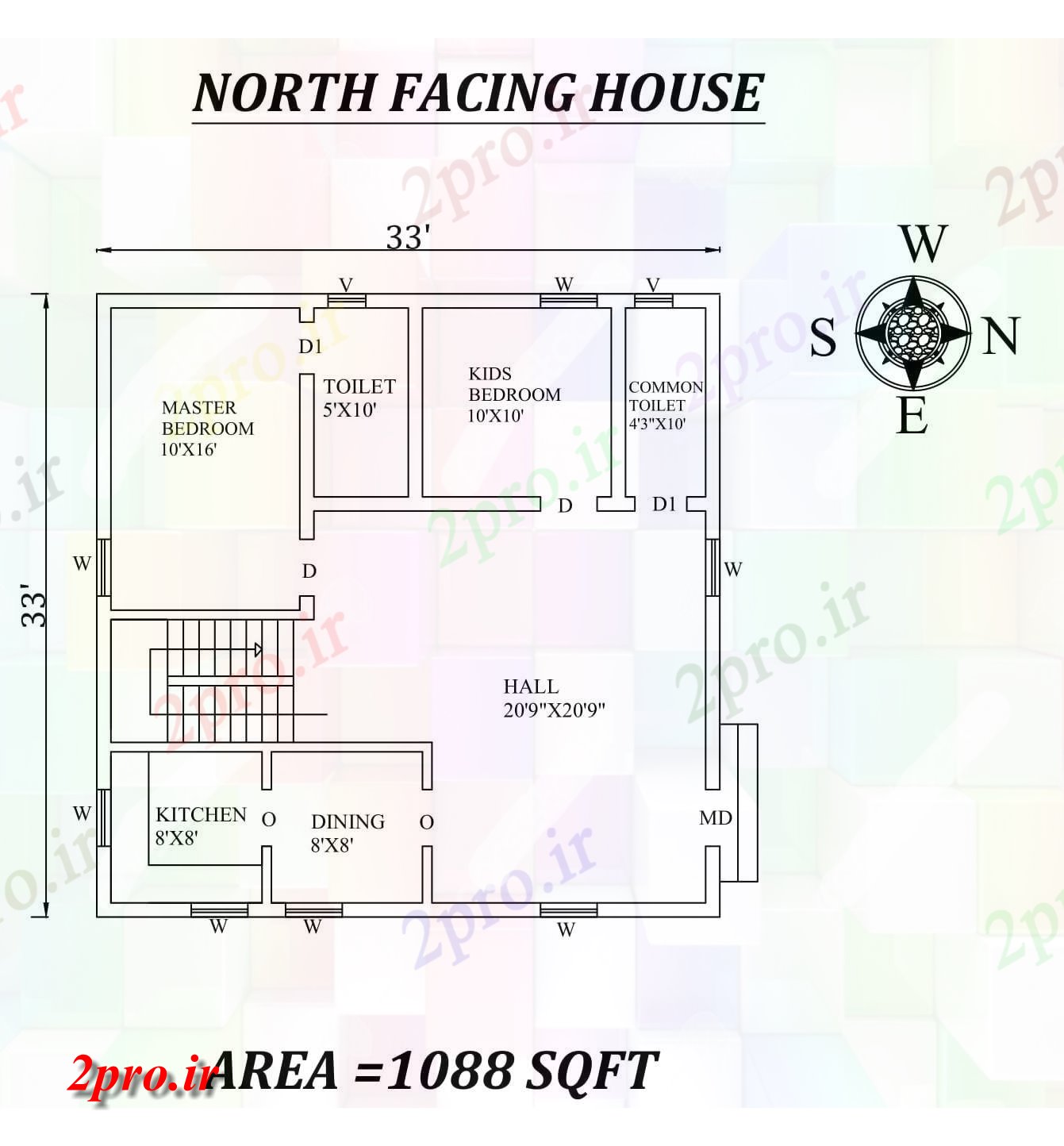 دانلود نقشه مسکونی ، ویلایی ، آپارتمان شگفت انگیز شمالی 33'x33، مواجه طرحی خانه 2bhk به عنوان در هر Vastu را Shastra و جزئیات پی دی اف 9 در 9 متر (کد157437)