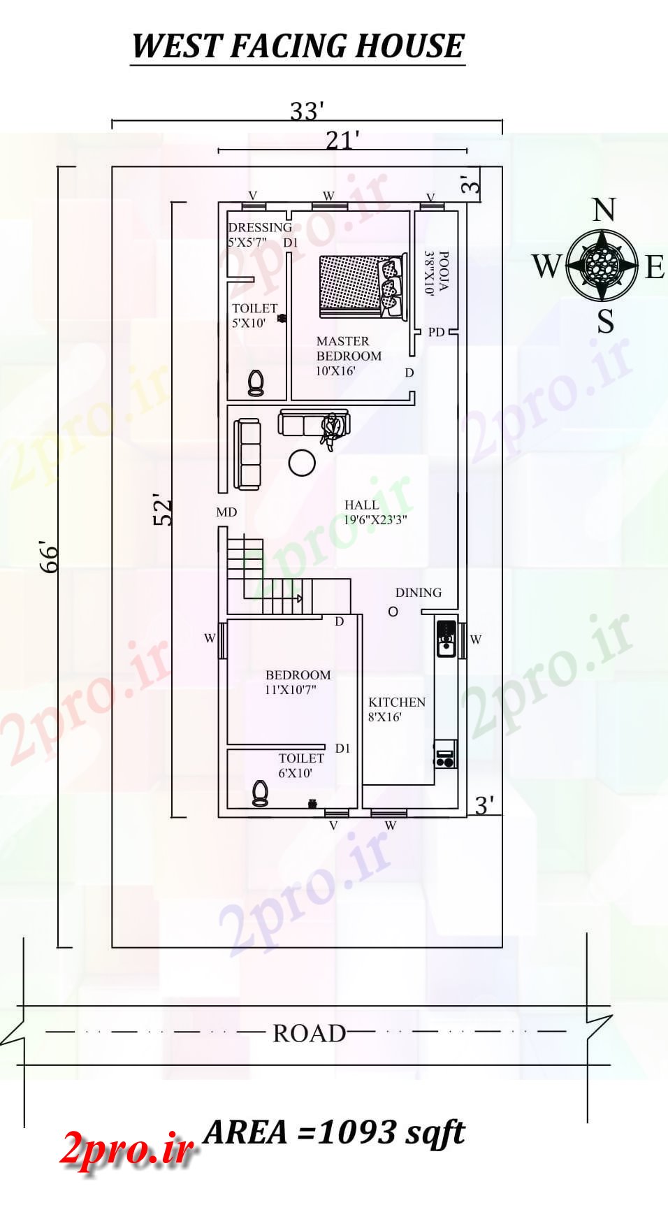 دانلود نقشه مسکونی ، ویلایی ، آپارتمان X52، 2bhk رو به مغرب شگفت انگیز خانه طرحی به عنوان در هر Vastu Shastra هستند، اتوکد و جزئیات پی دی اف 5 در 15 متر (کد157438)