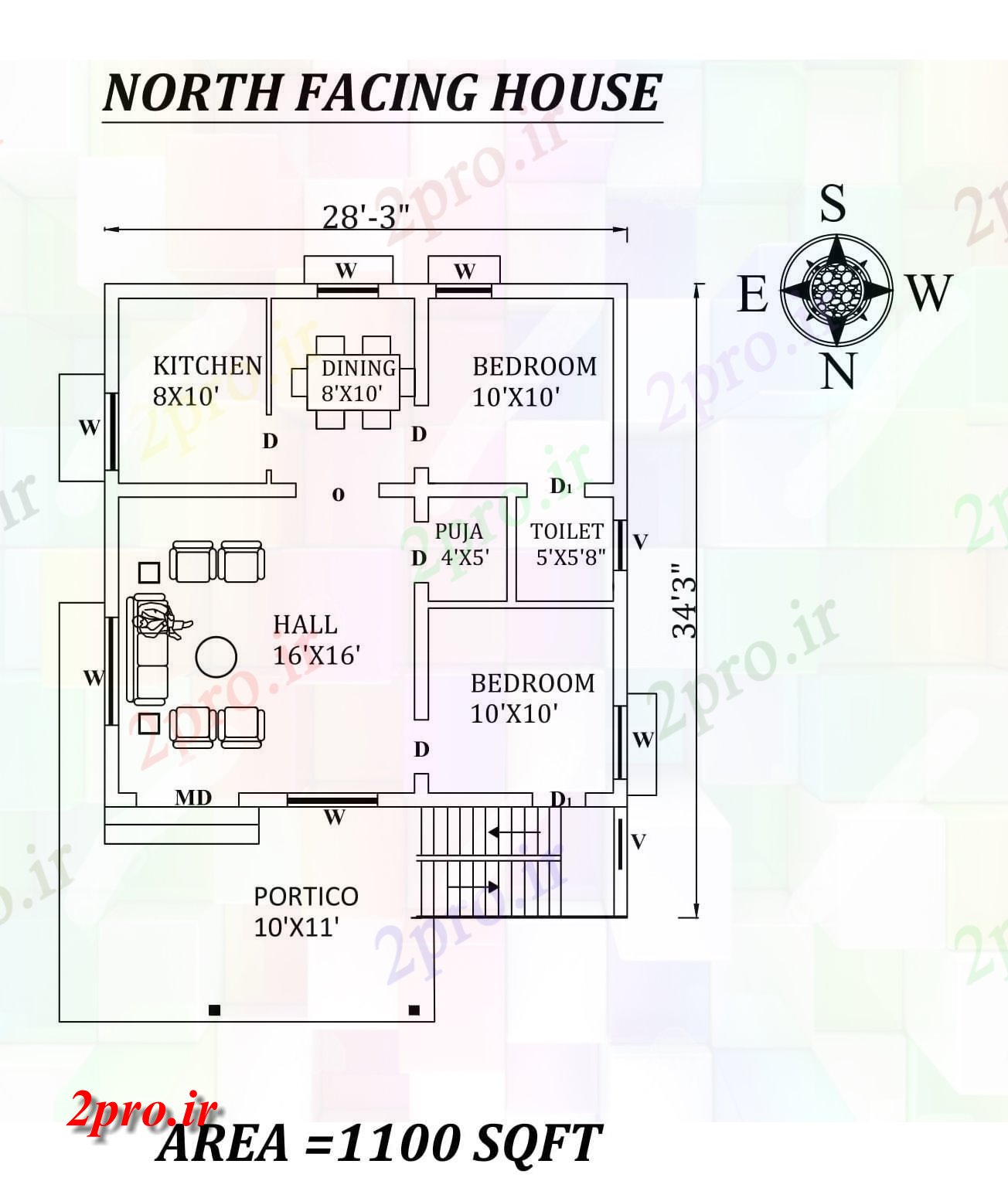 دانلود نقشه مسکونی ، ویلایی ، آپارتمان 3 x34'3 شمالی طرحی خانه 2bhk فوق العاده به عنوان در هر Vastu را Shastra و جزئیات پی دی اف 8 در 8 متر (کد157440)