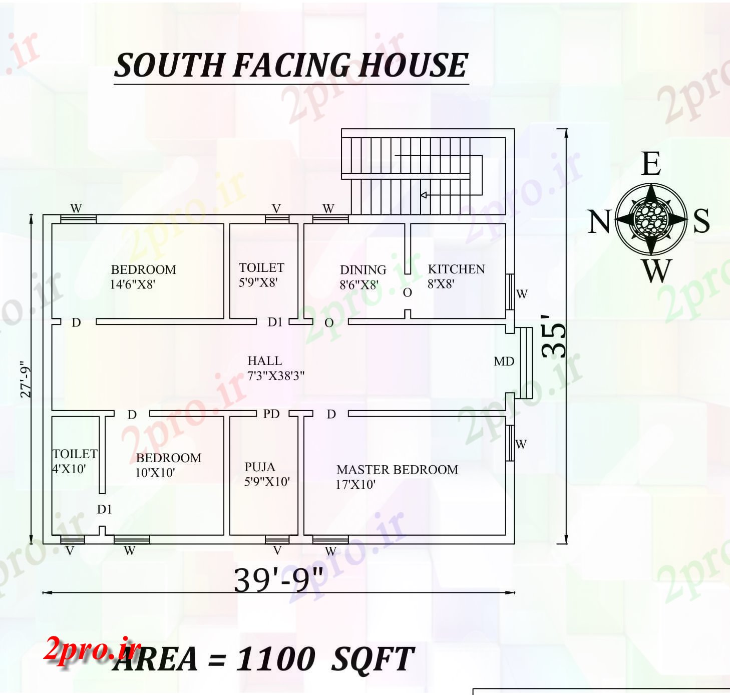 دانلود نقشه مسکونی ، ویلایی ، آپارتمان شگفت انگیز 39'9 X35 3bhk جنوبی مواجه خانه طرحی به عنوان در هر Vastu را Shastra و جزئیات پی دی اف 8 در 11 متر (کد157443)