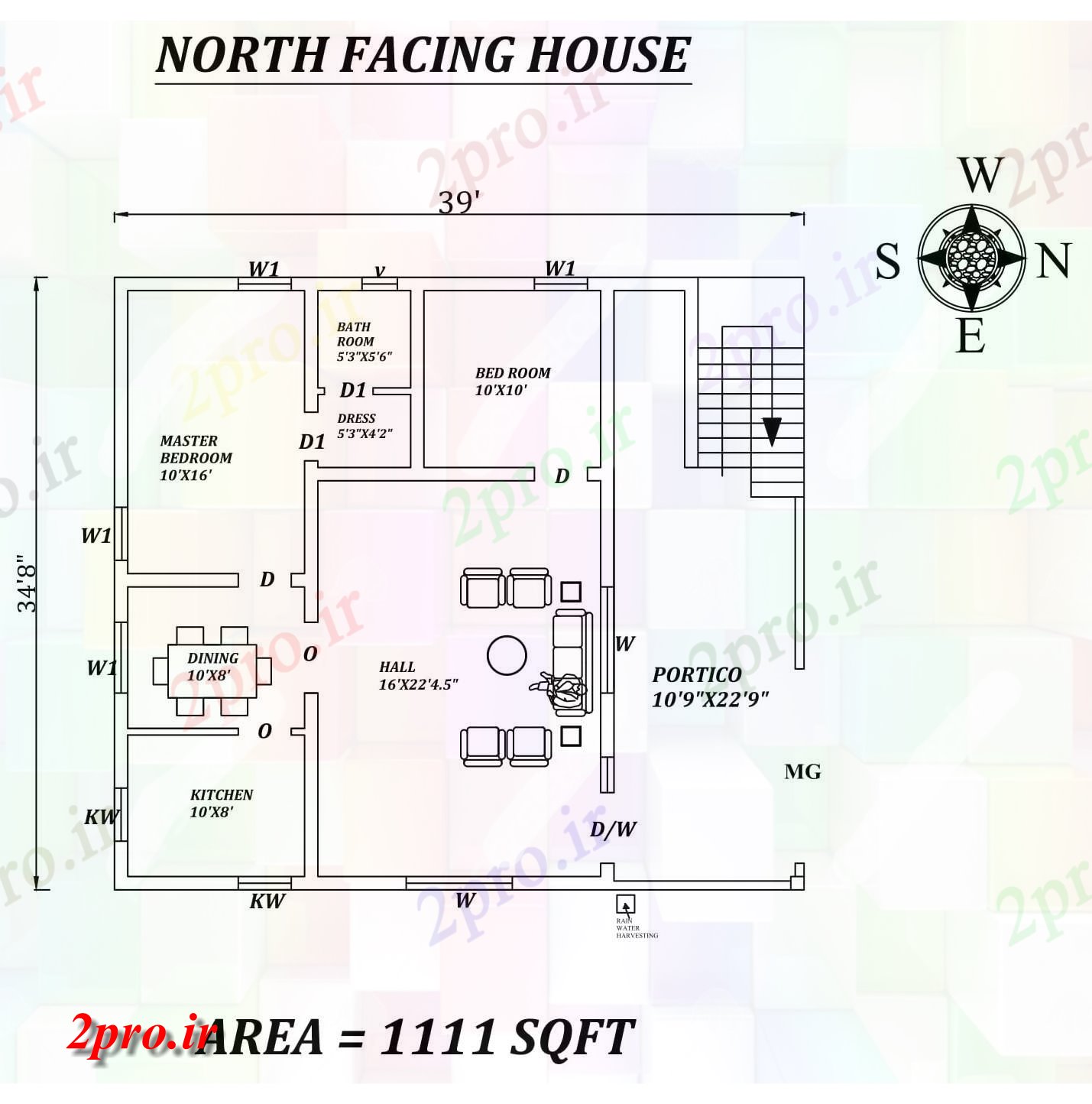 دانلود نقشه مسکونی ، ویلایی ، آپارتمان x34'8 شگفت انگیز شمالی طرحی خانه 2bhk به عنوان در هر Vastu Shastra هستند، اتوکد و جزئیات پی دی اف 10 در 11 متر (کد157447)