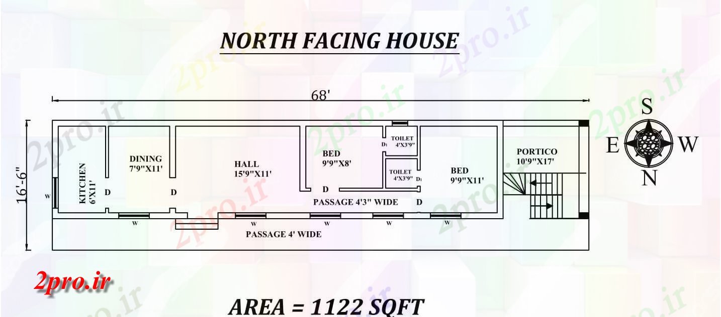 دانلود نقشه مسکونی ، ویلایی ، آپارتمان X 16'6 شمالی 2BHK خانه طرحی به عنوان در هر Vastu را Shastra و پی دی اف جزئیات 3 در 16 متر (کد157449)