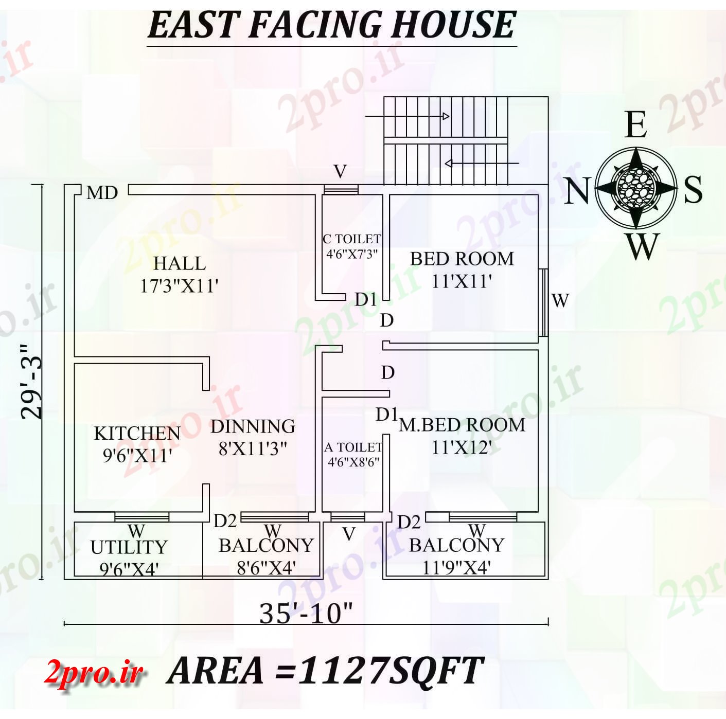 دانلود نقشه مسکونی ، ویلایی ، آپارتمان 10 x29'3 2bhk شرق مواجه خانه طرحی به عنوان در هر Vastu را Shastra و جزئیات پی دی اف 8 در 10 متر (کد157451)