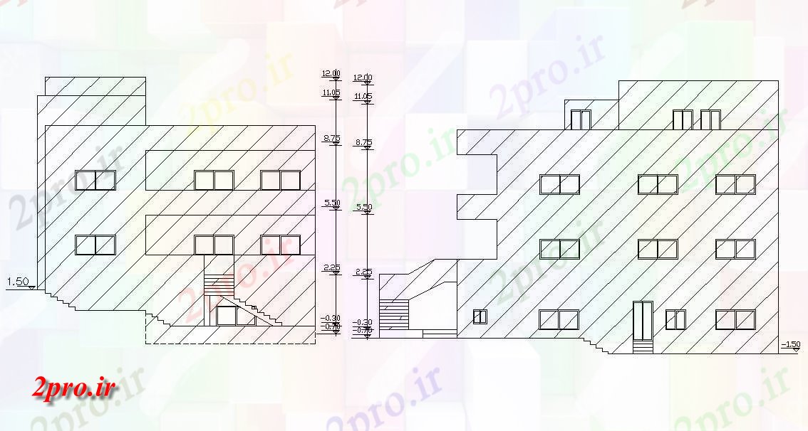 دانلود نقشه خانه های کوچک ، نگهبانی ، سازمانی - سه طبقه مسکونی خانه نمای  (کد157500)