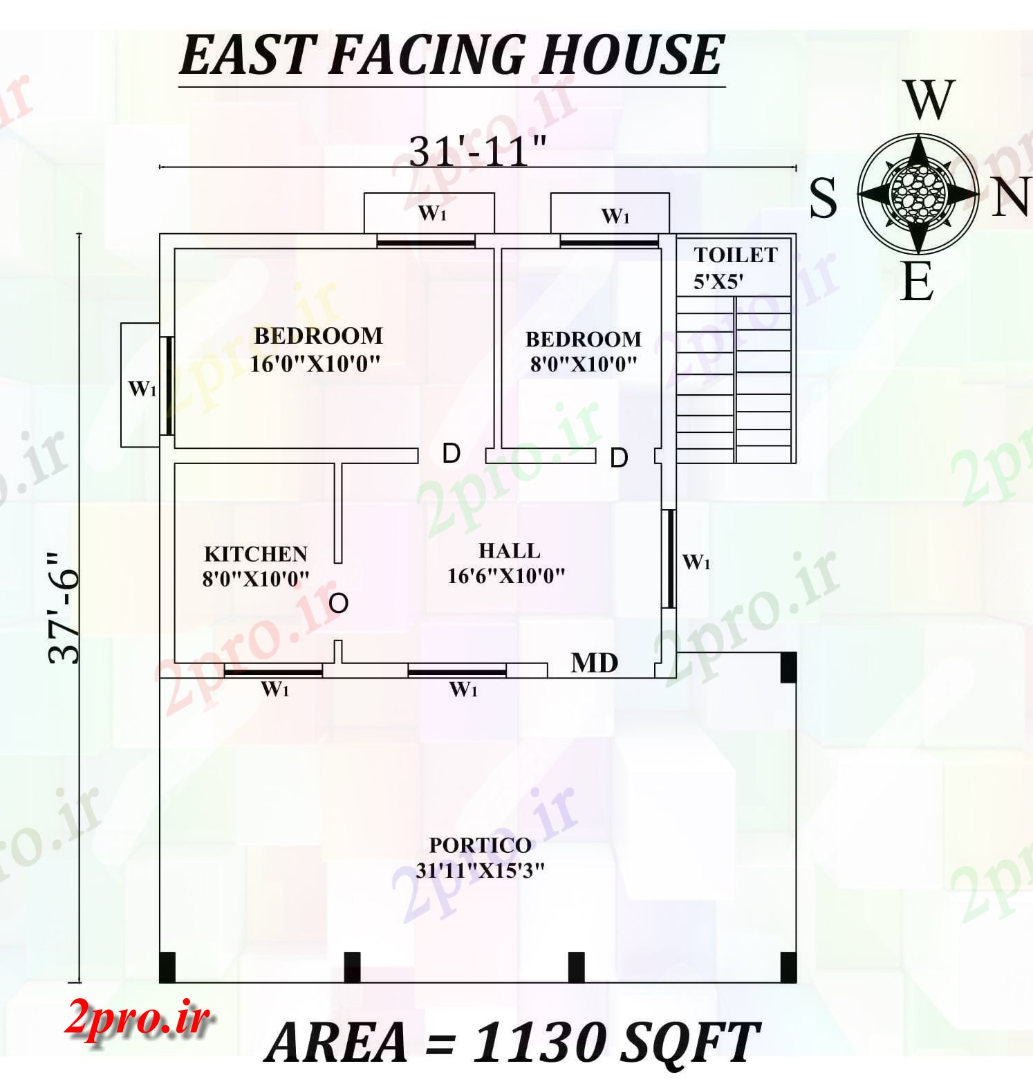 دانلود نقشه مسکونی ، ویلایی ، آپارتمان 11 x37'6 2bhk شرق مواجه خانه طرحی به عنوان در هر Vastu را Shastra و جزئیات پی دی اف 6 در 7 متر (کد157514)