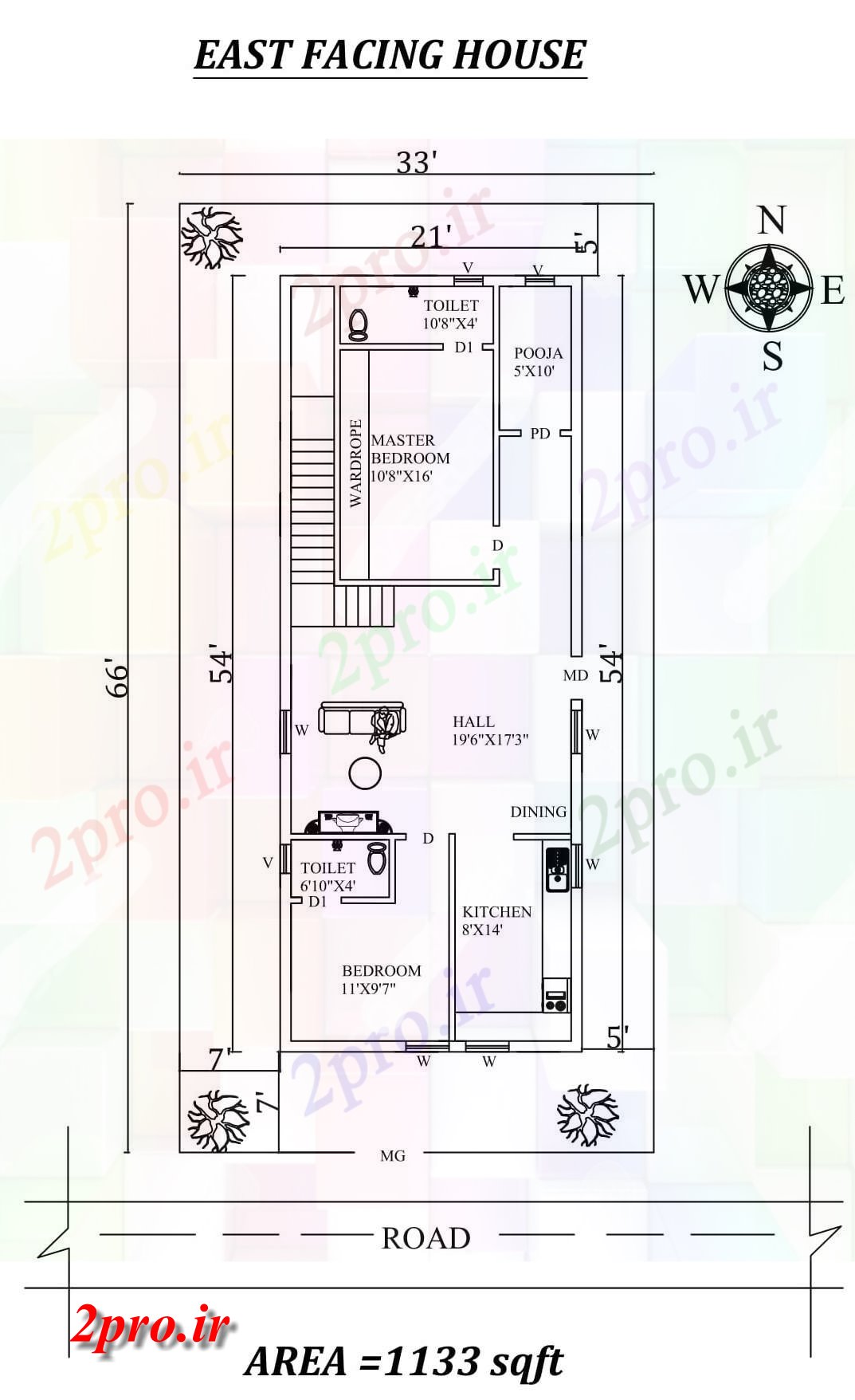 دانلود نقشه مسکونی ، ویلایی ، آپارتمان X 66 آفرین 2bhk مبله شرق مواجه خانه طرحی به عنوان در هر Vastu Shastra هستند اتوکد و جزئیات پی دی اف 6 در 15 متر (کد157515)