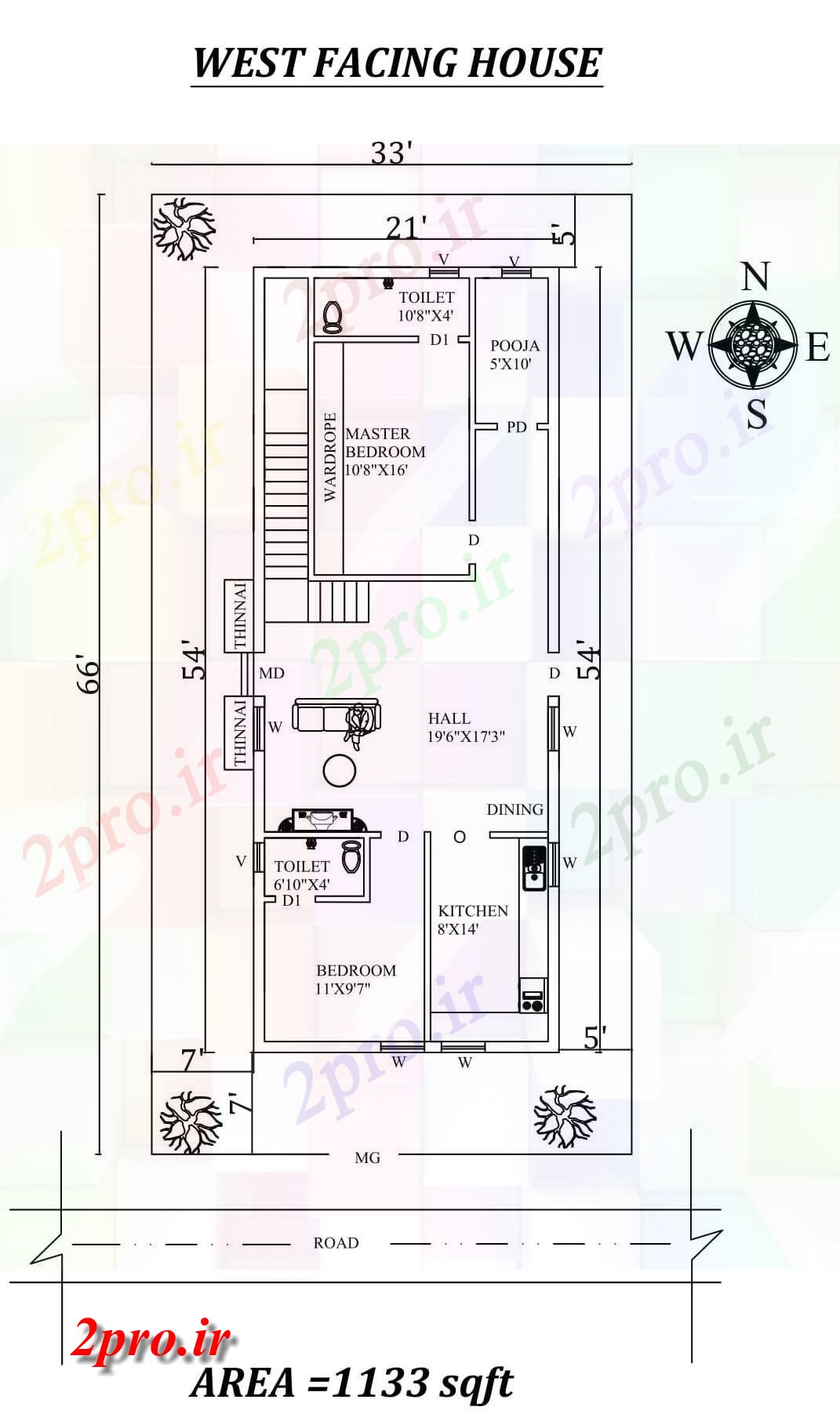 دانلود نقشه مسکونی ، ویلایی ، آپارتمان X66، 2bhk مبله غرب مواجه خانه طرحی به عنوان در هر Vastu را Shastra و جزئیات پی دی اف 6 در 15 متر (کد157516)