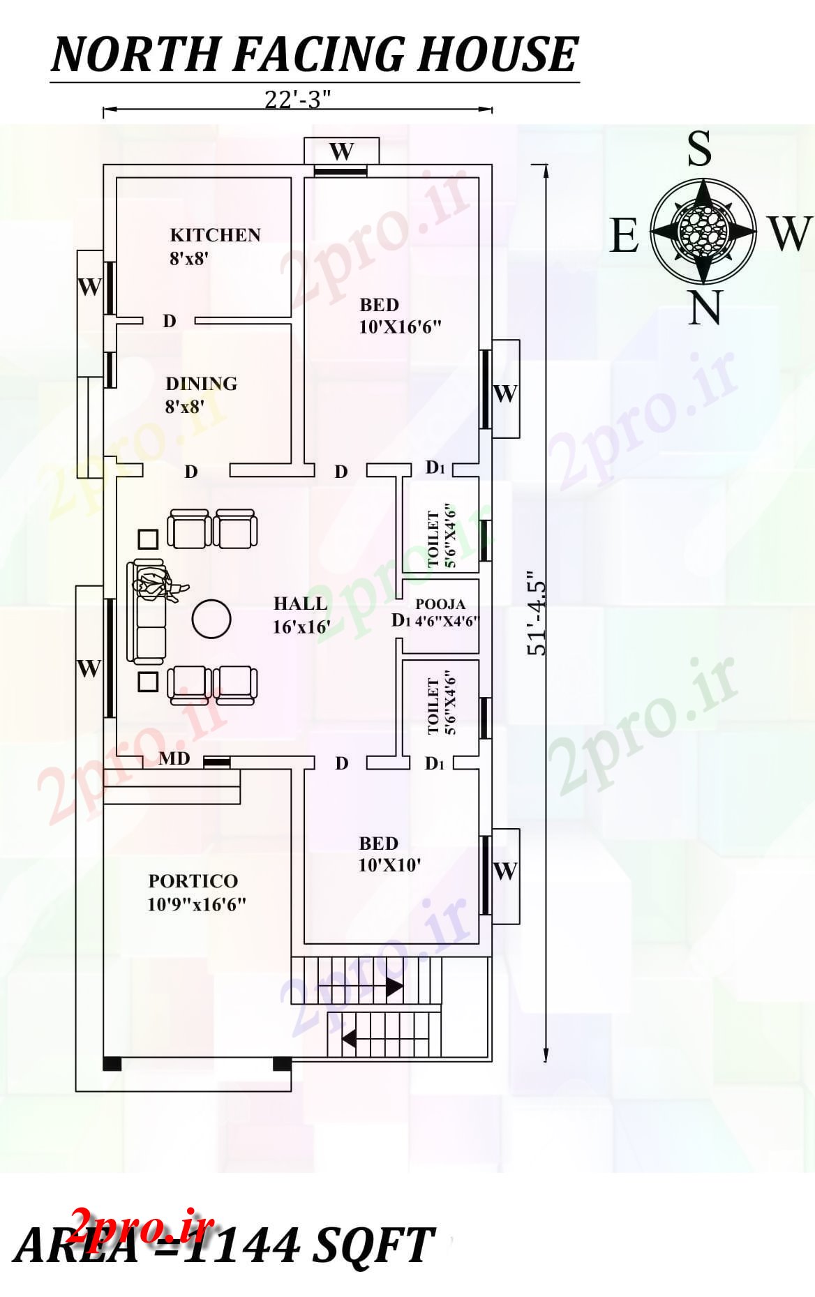 دانلود نقشه مسکونی ، ویلایی ، آپارتمان 3 x51'5 شگفت انگیز شمالی طرحی خانه 2bhk به عنوان در هر Vastu Shastra هستند اتوکد و جزئیات پی دی اف 6 در 13 متر (کد157519)