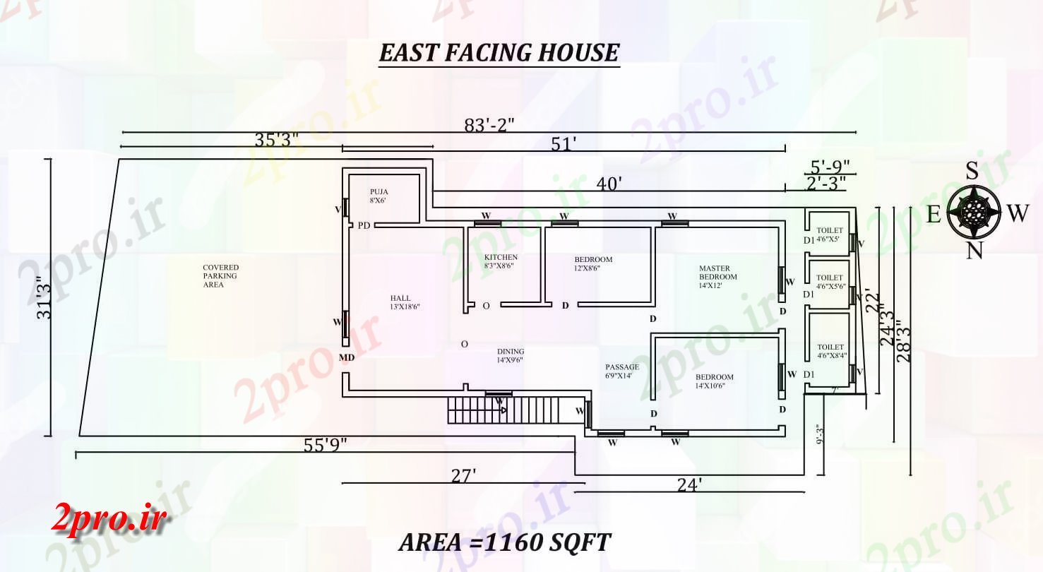 دانلود نقشه مسکونی ، ویلایی ، آپارتمان x28'3 3bhk شرق مواجه خانه طرحی به عنوان در هر Vastu را Shastra و جزئیات پی دی اف 7 در 14 متر (کد157521)