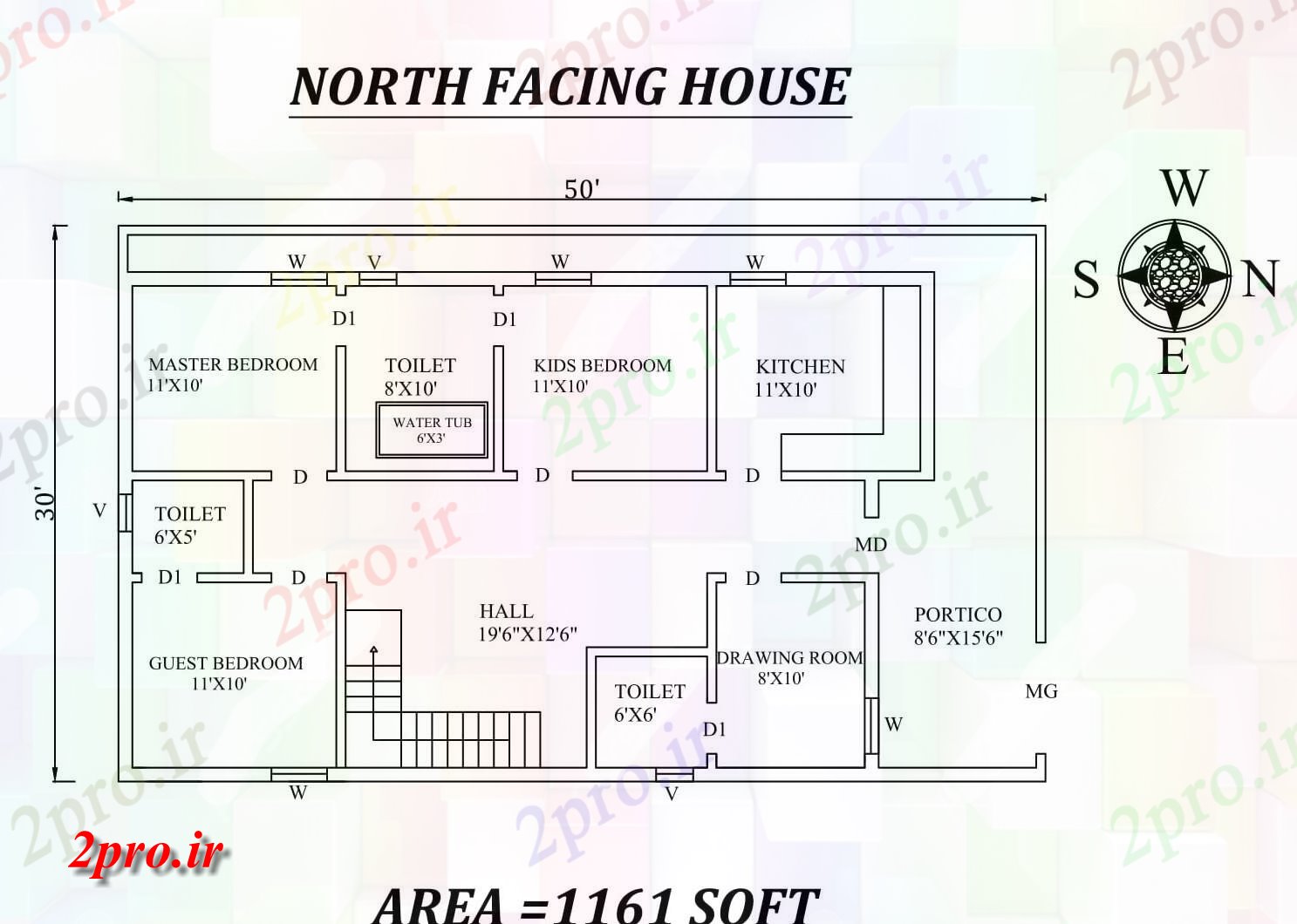 دانلود نقشه مسکونی ، ویلایی ، آپارتمان پر زرق و برق 3BHK شمالی 50'X30، در مواجهه با مجلس طرحی به عنوان در هر Vasthu شرا اتوکد و جزئیات پی دی اف 8 در 14 متر (کد157525)