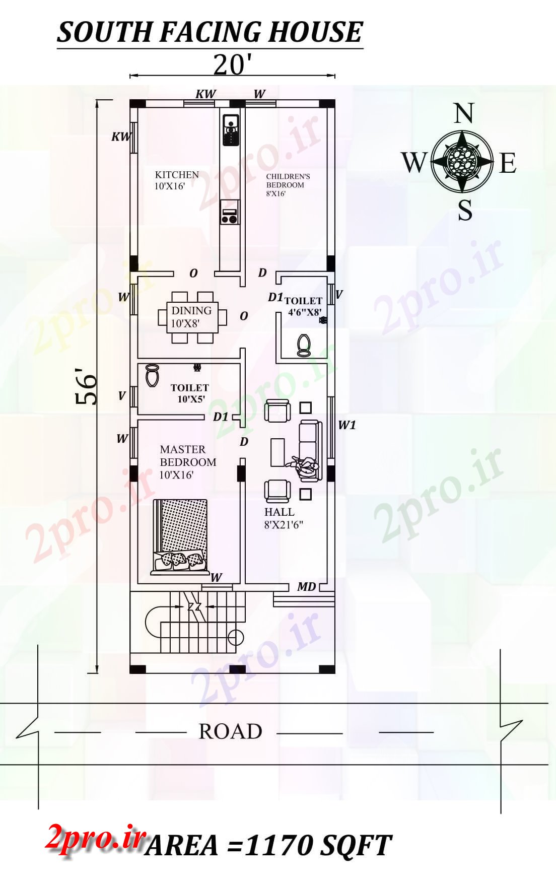 دانلود نقشه مسکونی ، ویلایی ، آپارتمان x56، 2bhk جنوبی مواجه طبقه اول خانه طرحی به عنوان در هر Vastu Shastra هستند اتوکد و جزئیات پی دی اف 5 در 14 متر (کد157531)