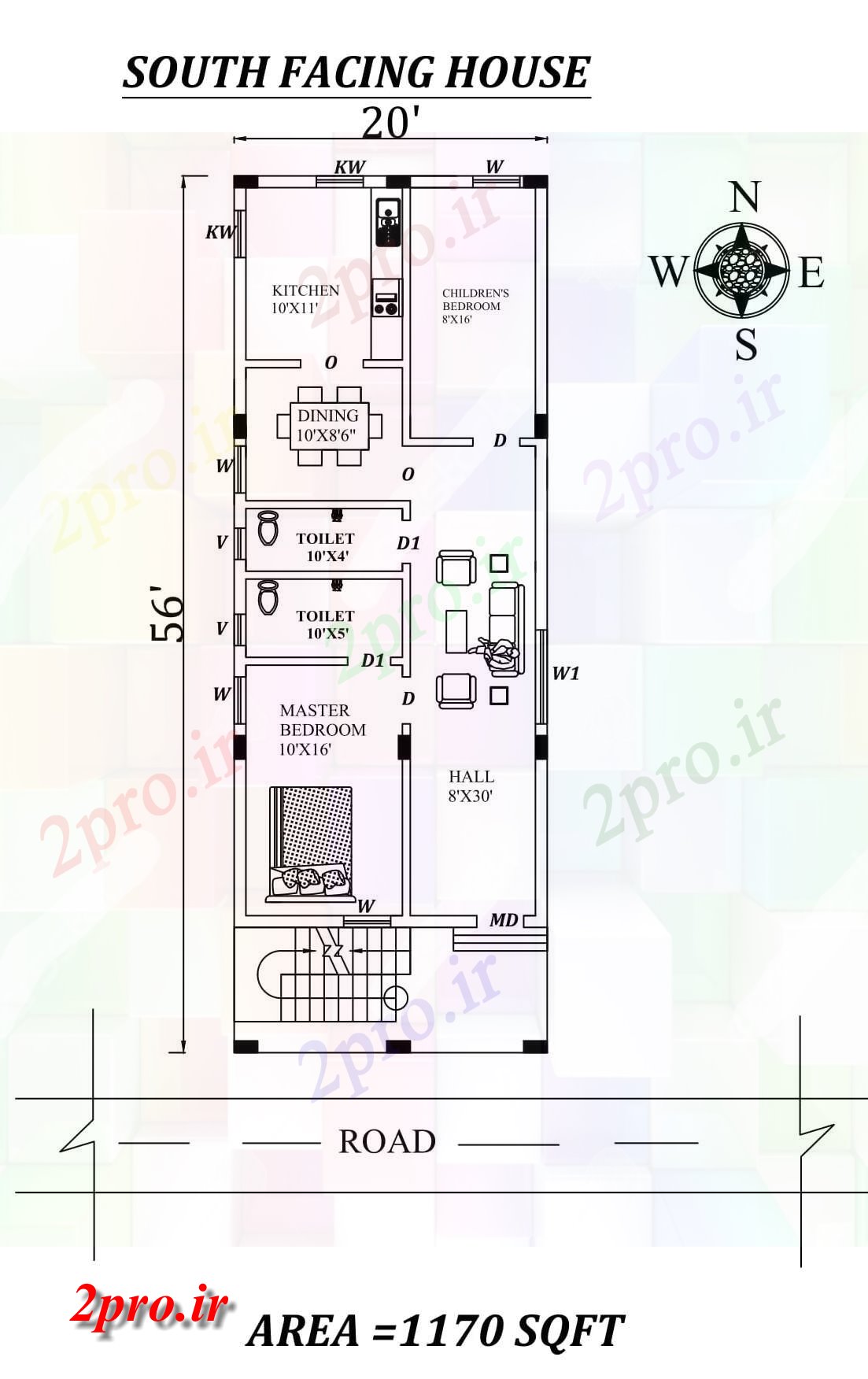 دانلود نقشه مسکونی ، ویلایی ، آپارتمان x56، 2bhk جنوبی، رو طرحی Houseplan به عنوان در هر Vastu Shastra هستند، اتوکد و جزئیات پی دی اف 5 در 14 متر (کد157532)