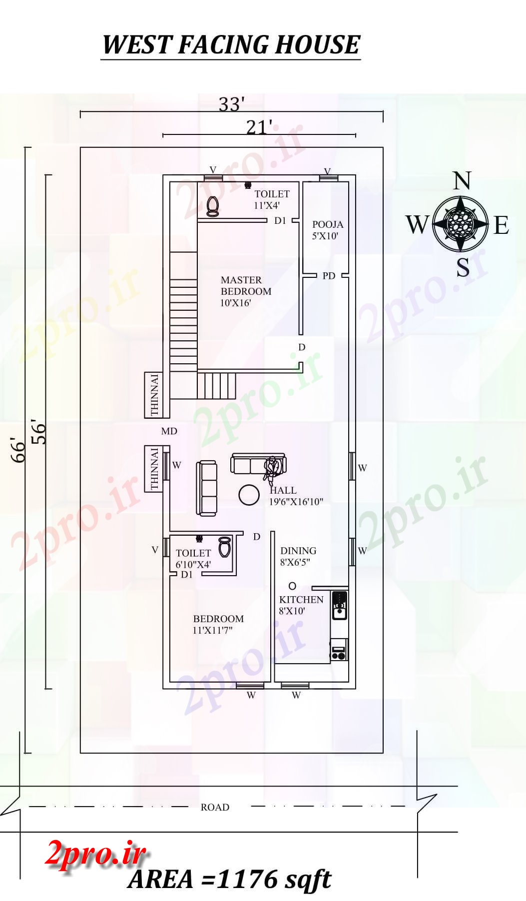 دانلود نقشه مسکونی ، ویلایی ، آپارتمان X66، 2bhk غرب مواجه خانه طرحی به عنوان در هر Vastu Shastra هستند، اتوکد و جزئیات پی دی اف 6 در 16 متر (کد157535)