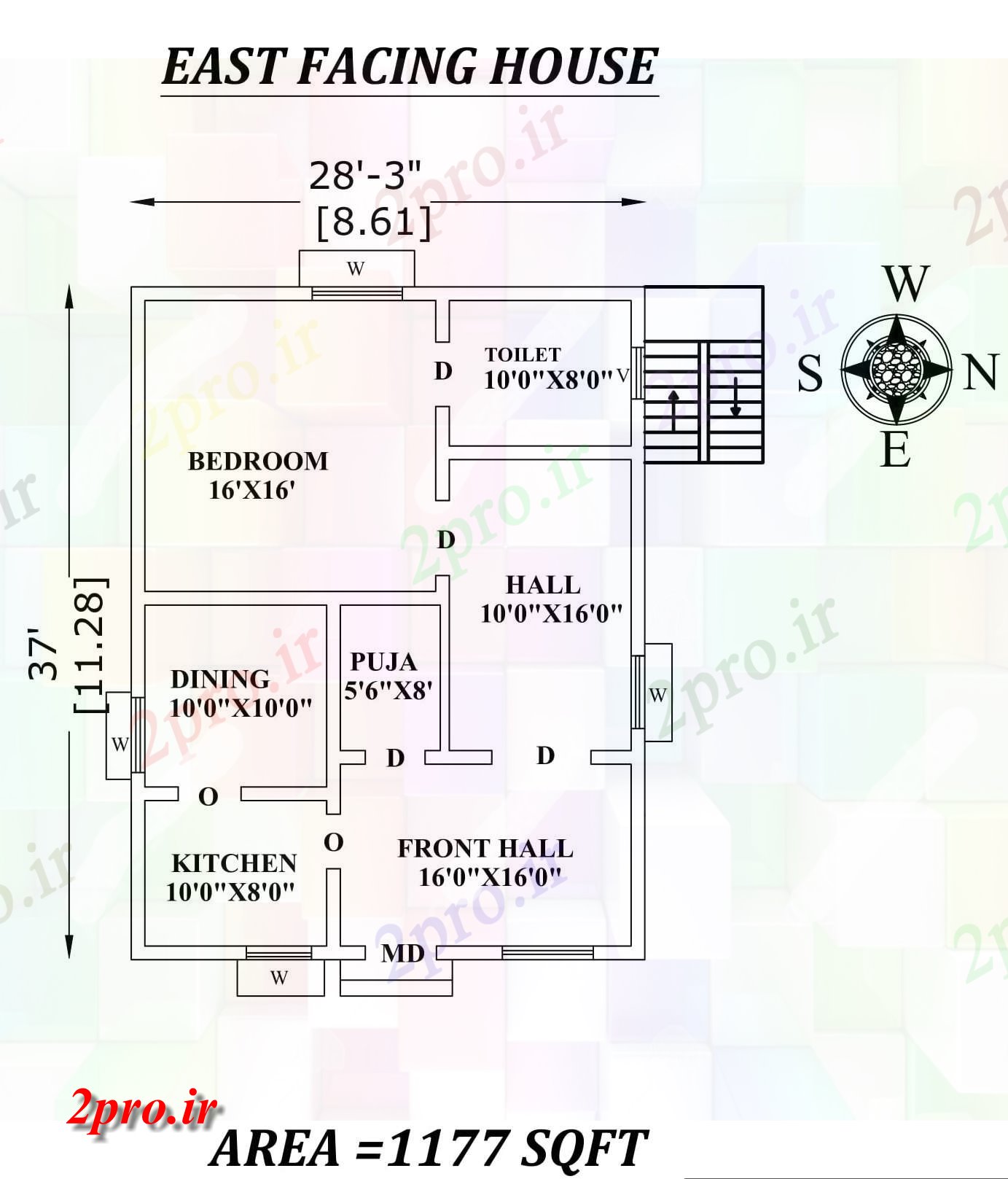 دانلود نقشه مسکونی ، ویلایی ، آپارتمان 3 x37 تک BHK شرق مواجه خانه طرحی به عنوان در هر Vastu Shastra هستند اتوکد و جزئیات پی دی اف 8 در 10 متر (کد157537)