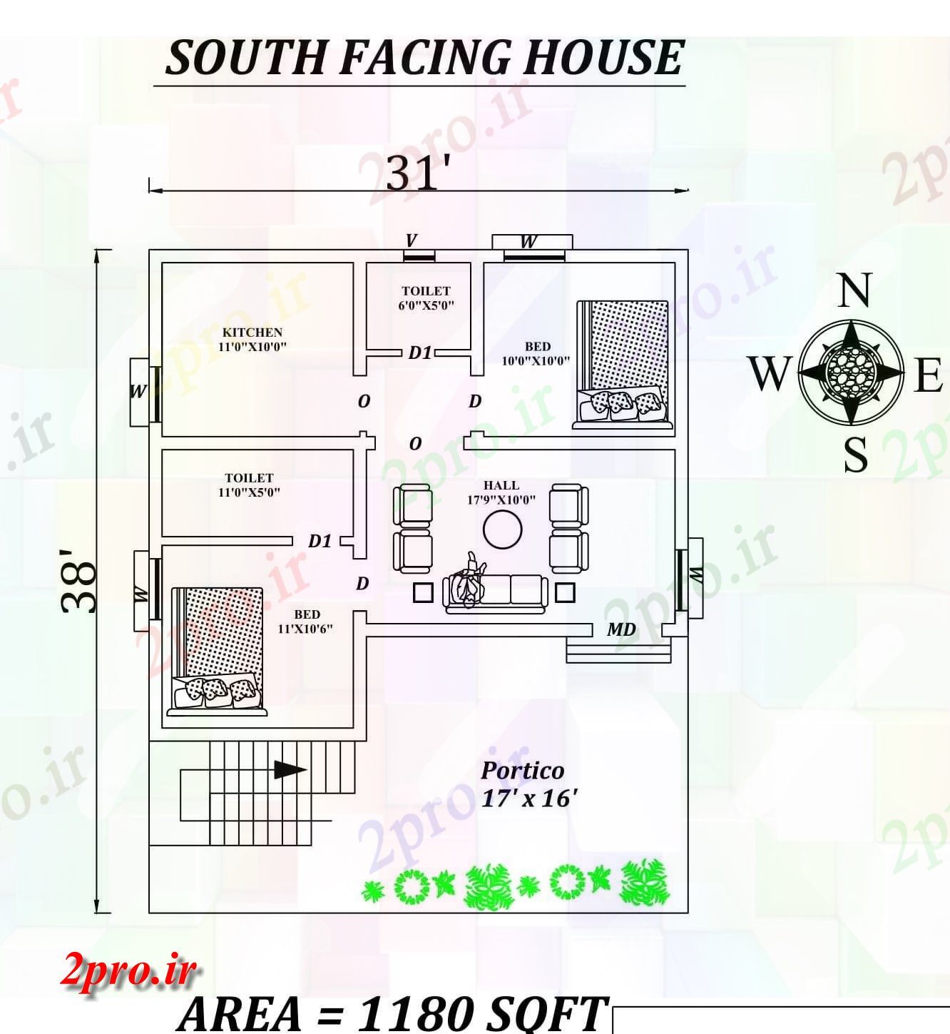 دانلود نقشه مسکونی ، ویلایی ، آپارتمان x38، 2bhk عالی مبله جنوبی مواجه خانه طراحی به عنوان پستها در طول Vastu Shastra هستند، اتوکد و جزئیات پی دی اف 8 در 9 متر (کد157538)