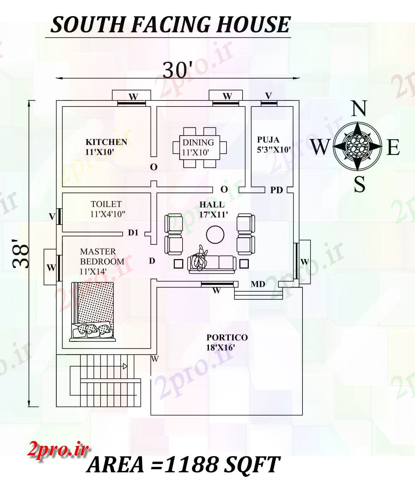 دانلود نقشه مسکونی ، ویلایی ، آپارتمان x38 تک BHK رو به جنوب خانه طرحی به عنوان در هر Vastu Shastra هستند اتوکد و جزئیات پی دی اف 8 در 9 متر (کد157542)