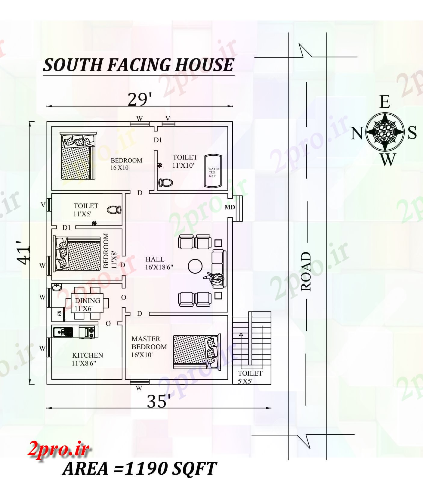 دانلود نقشه مسکونی ، ویلایی ، آپارتمان x41، 3bhk جنوبی مواجه خانه طرحی به عنوان در هر Vastu را Shastra و جزئیات پی دی اف 8 در 12 متر (کد157544)