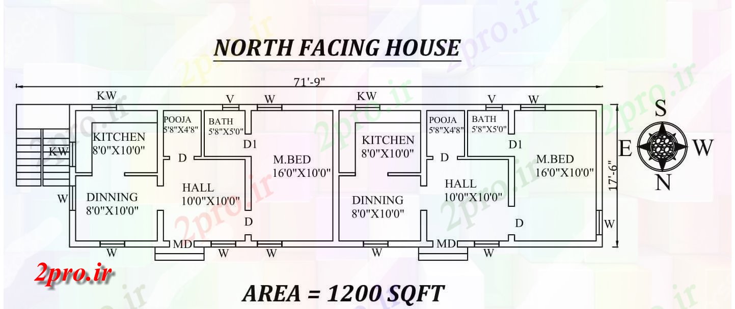 دانلود نقشه مسکونی ، ویلایی ، آپارتمان 9 X 17'6 تنها BHK شمالی دوقلو مواجه خانه طرحی به عنوان در هر Vastu Shastra هستند اتوکد و جزئیات پی دی اف 5 در 19 متر (کد157553)