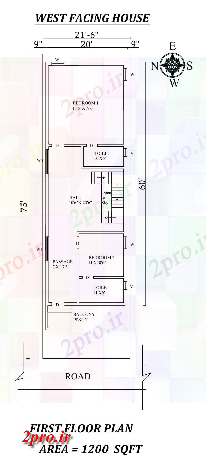 دانلود نقشه مسکونی ، ویلایی ، آپارتمان 6 X75 تک BHK غرب مواجه طبقه اول خانه طرحی به عنوان در هر Vastu را Shastra و پی دی اف جزئیات 5 در 19 متر (کد157557)