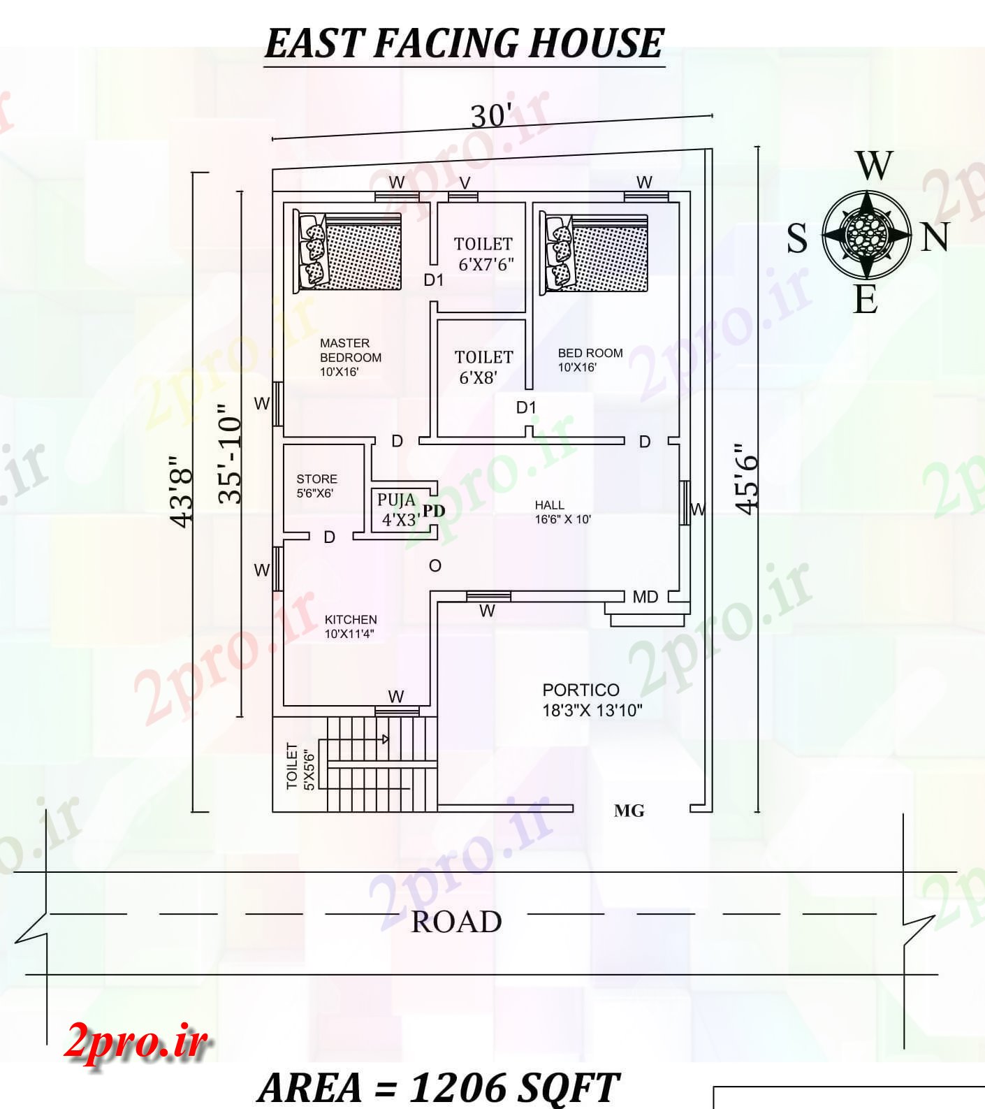 دانلود نقشه مسکونی ، ویلایی ، آپارتمان X45'6 کامل 2bhk شرق مواجه خانه طرحی به عنوان در هر Vastu را Shastra و جزئیات پی دی اف 8 در 10 متر (کد157559)