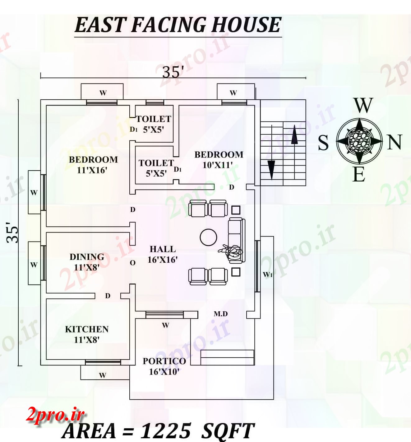 دانلود نقشه مسکونی ، ویلایی ، آپارتمان شگفت انگیز 2bhk شرق 35'X35، مواجه خانه طرحی به عنوان در هر Vastu Shastra هستند ،،، اتوکد و جزئیات پی دی اف 8 در 10 متر (کد157561)