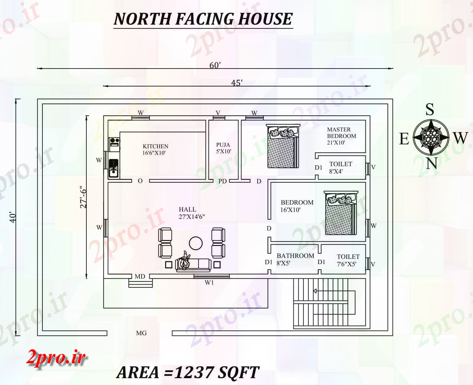 دانلود نقشه مسکونی ، ویلایی ، آپارتمان x27'6 شگفت انگیز شمالی طرحی خانه 2bhk به عنوان در هر Vastu را Shastra و جزئیات پی دی اف 7 در 13 متر (کد157566)