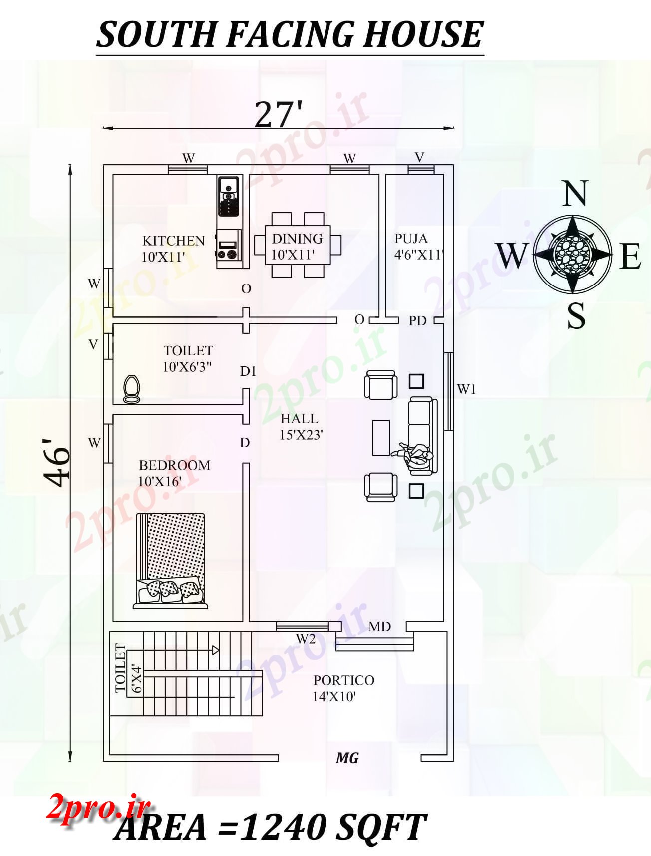 دانلود نقشه مسکونی ، ویلایی ، آپارتمان X46 تک BHK رو به جنوب خانه طرحی به عنوان در هر Vastu Shastra هستند، اتوکد و جزئیات پی دی اف 7 در 10 متر (کد157571)