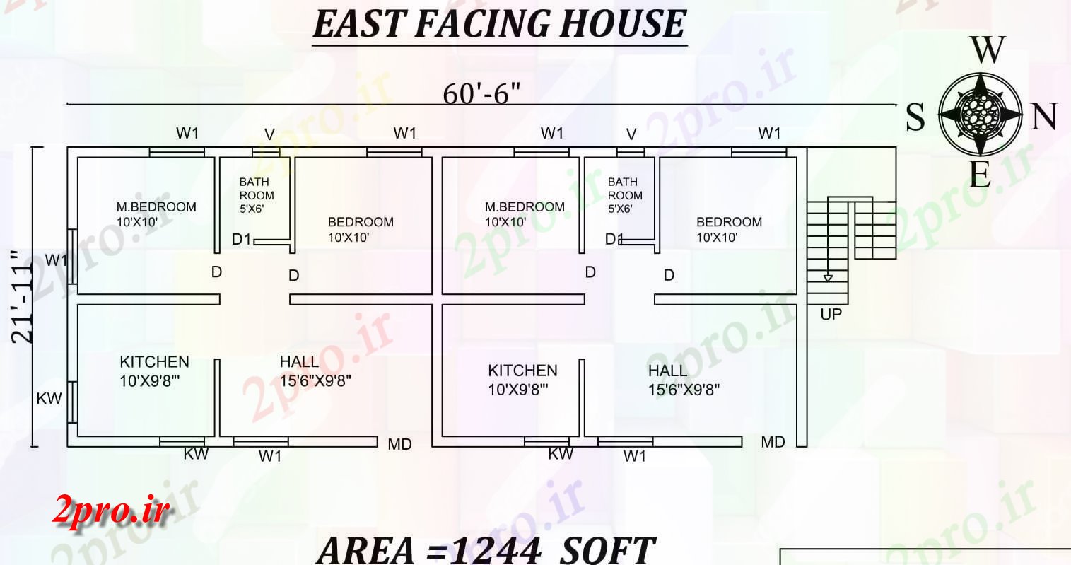 دانلود نقشه مسکونی ، ویلایی ، آپارتمان 6 X 21'11 2 BHK دوقلو شرق رو به خانه طرحی به عنوان در هر Vastu Shastra هستند اتوکد و جزئیات پی دی اف 6 در 15 متر (کد157574)