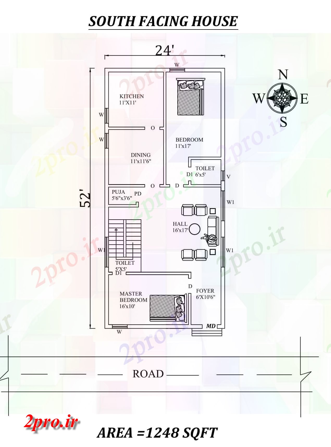 دانلود نقشه مسکونی ، ویلایی ، آپارتمان X 52 '2bhk عالی مبله جنوبی مواجه خانه طرحی به عنوان در هر Vastu را Shastra و جزئیات پی دی اف 7 در 15 متر (کد157584)