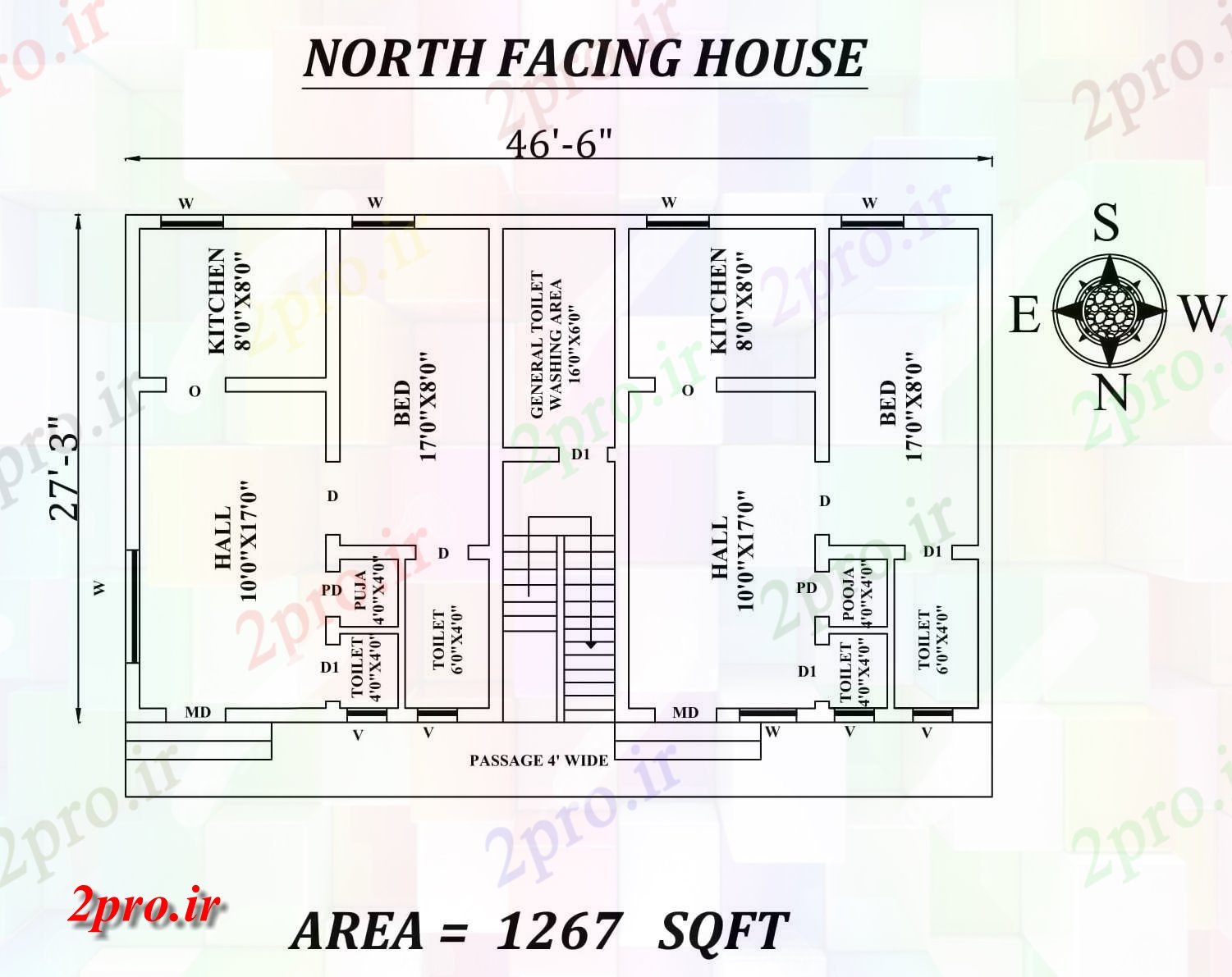 دانلود نقشه مسکونی ، ویلایی ، آپارتمان 6 X27'3 تک رو به شمال دو خانه طرحی به عنوان در هر Vastu را Shastra و جزئیات پی دی اف 7 در 13 متر (کد157589)