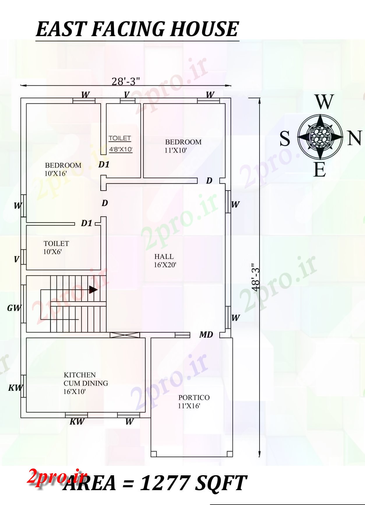 دانلود نقشه مسکونی ، ویلایی ، آپارتمان 3 X48'3 کامل 2bhk شرق مواجه خانه طرحی به عنوان در هر Vastu Shastra هستند اتوکد و جزئیات پی دی اف 8 در 12 متر (کد157592)