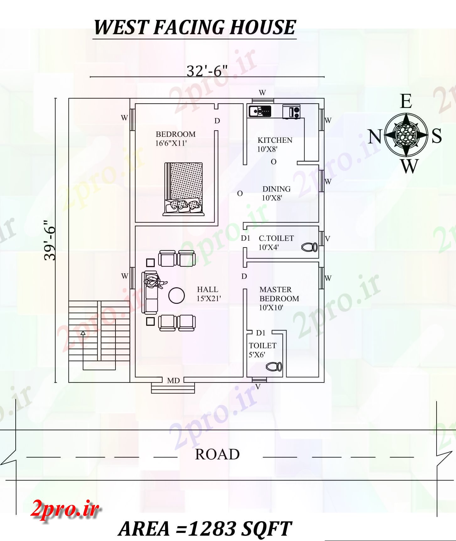 دانلود نقشه مسکونی ، ویلایی ، آپارتمان 6 x39'6 2bhk شگفت غرب مواجه خانه طرحی به عنوان در هر Vastu Shastra هستند اتوکد و جزئیات پی دی اف 7 در 11 متر (کد157601)