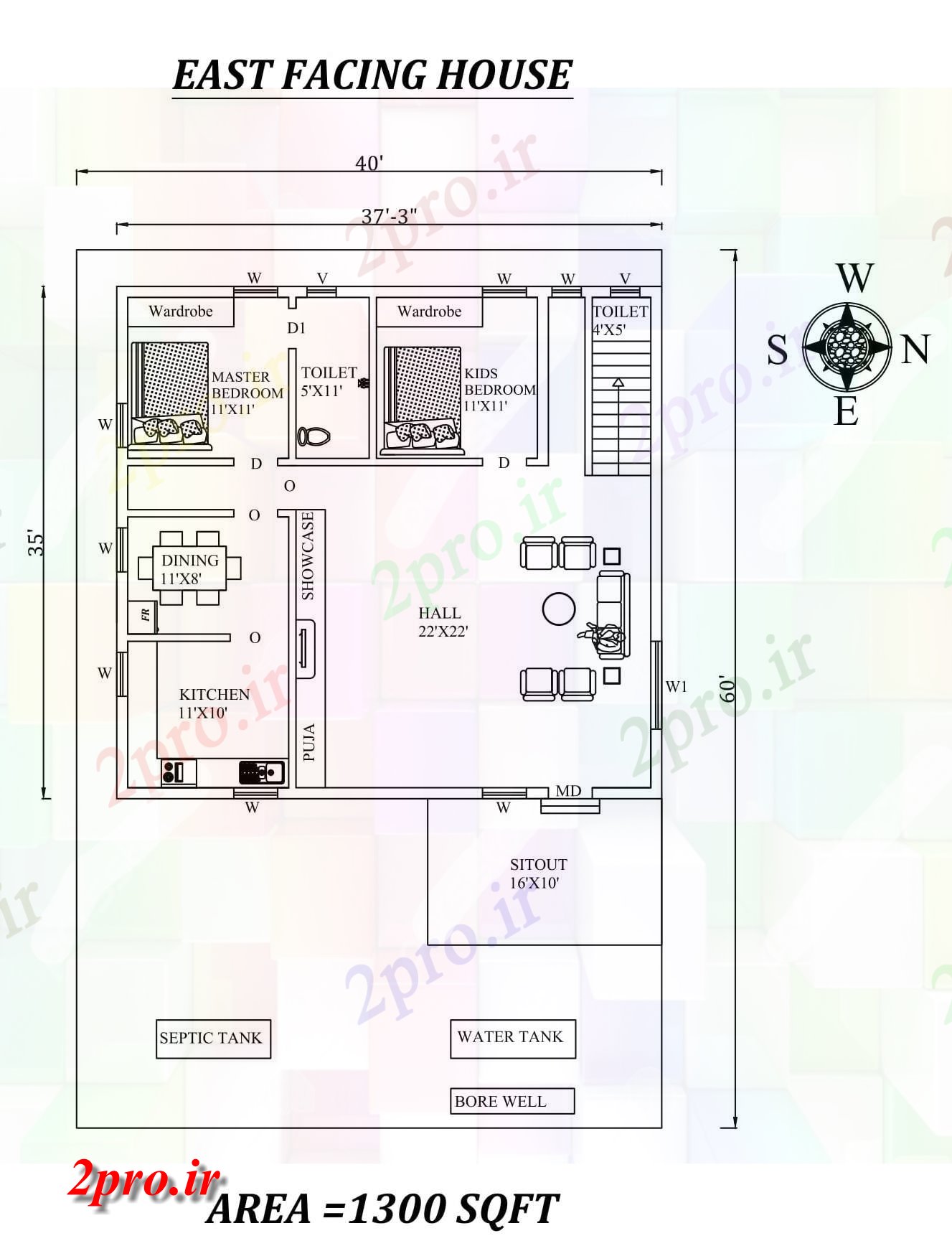 دانلود نقشه مسکونی ، ویلایی ، آپارتمان 3 X35 کامل 2bhk شرق مواجه خانه طرحی به عنوان در هر Vastu را Shastra و جزئیات پی دی اف 9 در 11 متر (کد157607)