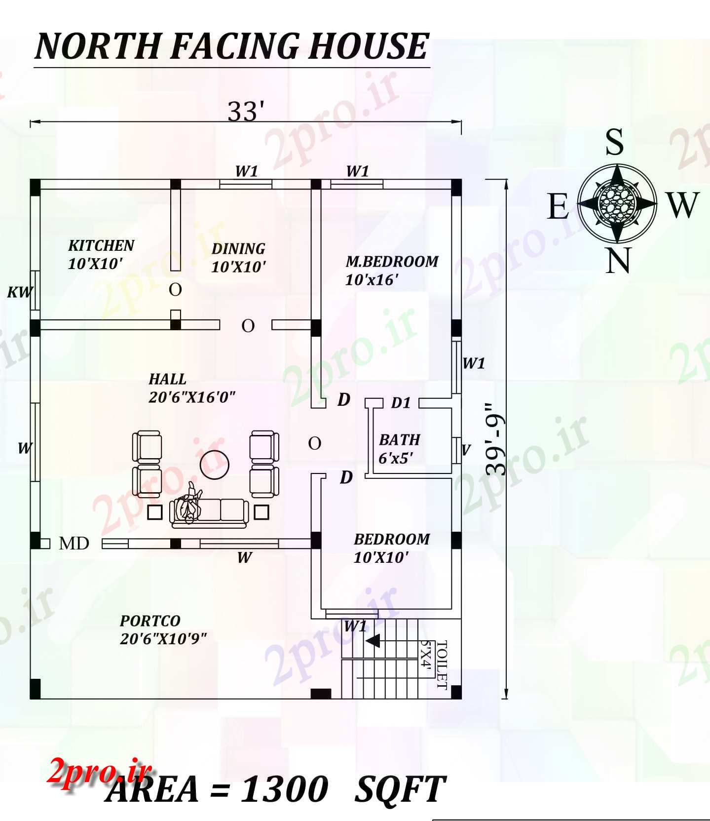 دانلود نقشه مسکونی ، ویلایی ، آپارتمان X39'9 متفاوت، شکوهمند شمالی طرحی خانه 2bhk به عنوان در هر Vastu Shastra هستند، اتوکد و جزئیات پی دی اف 9 در 9 متر (کد157608)