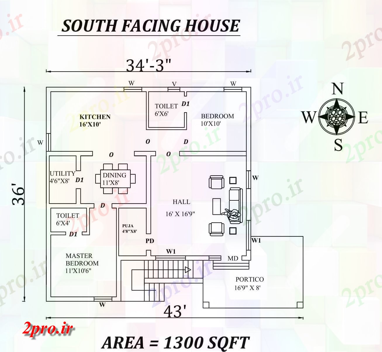 دانلود نقشه مسکونی ، ویلایی ، آپارتمان bhk 34'X36 'شگفت انگیز جنوبی مواجه خانه طرحی به عنوان در هر Vastu Shastra هستند اتوکد و جزئیات پی دی اف 10 در 10 متر (کد157609)