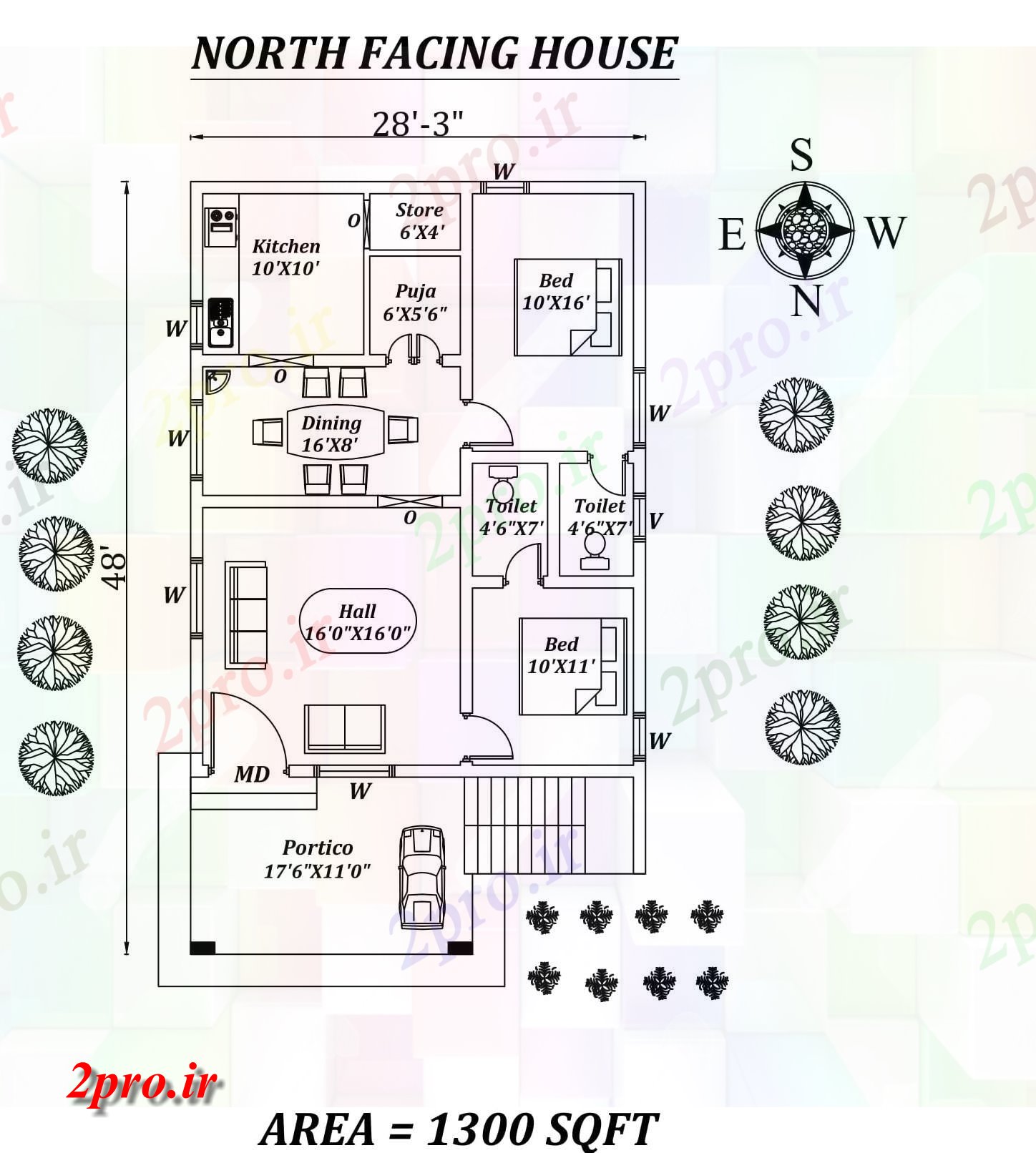 دانلود نقشه مسکونی ، ویلایی ، آپارتمان 3 X48 'شگفت انگیز شمالی طرحی خانه 2bhk به عنوان در هر Vastu Shastra هستند 8 در 10 متر (کد157610)