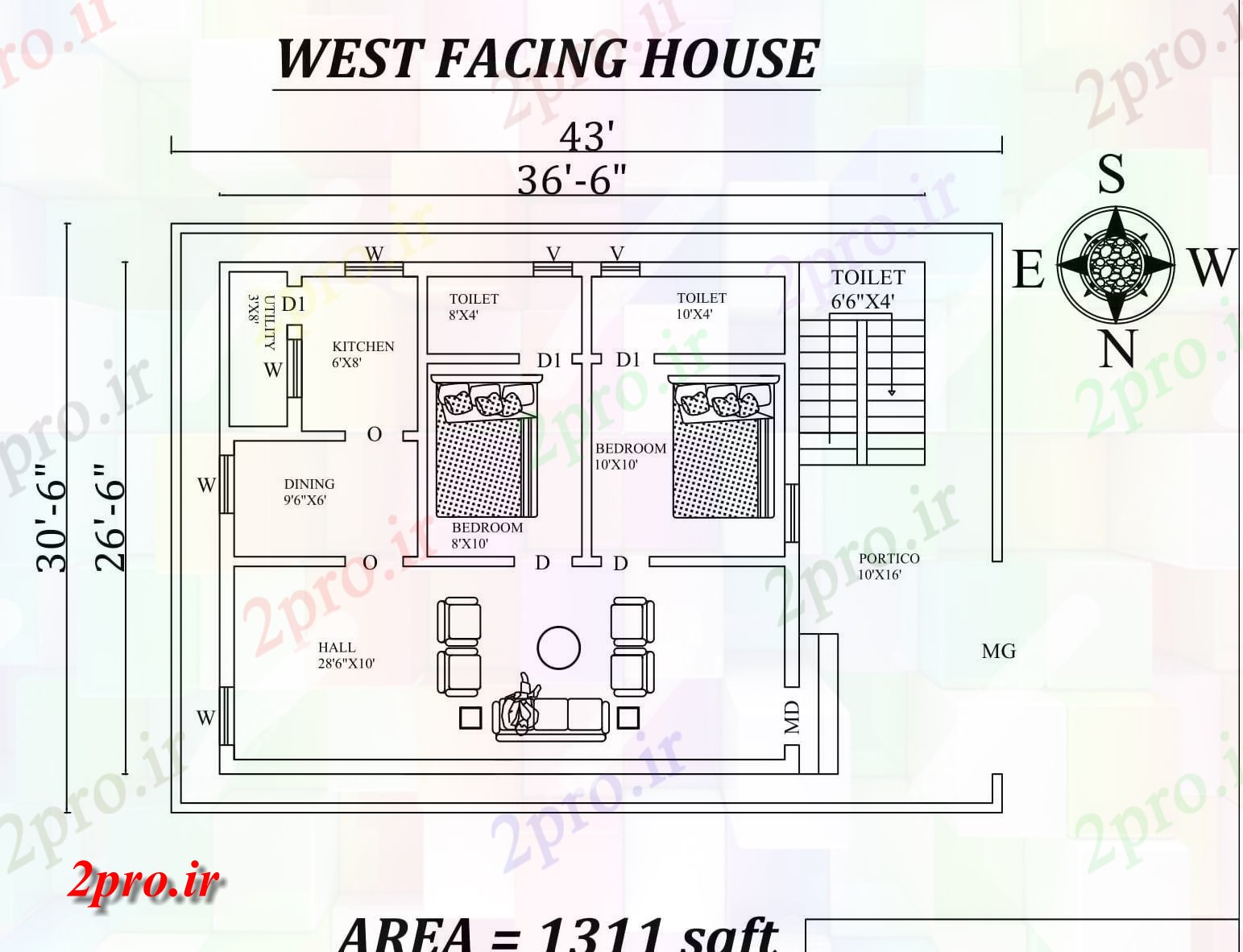 دانلود نقشه مسکونی ، ویلایی ، آپارتمان 6 X26'6 2bhk شگفت غرب مواجه خانه طرحی به عنوان در هر Vastu را Shastra و جزئیات پی دی اف 7 در 8 متر (کد157611)