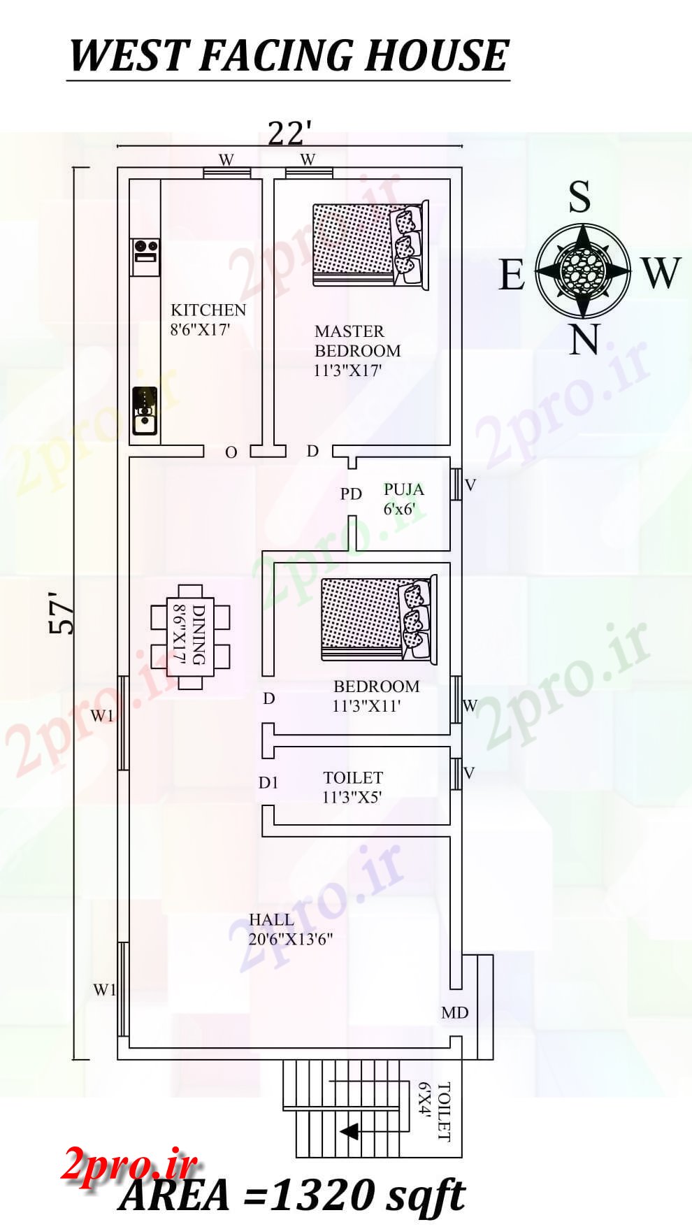 دانلود نقشه مسکونی ، ویلایی ، آپارتمان x57، 2bhk شگفت غرب مواجه خانه طرحی به عنوان در هر Vastu را Shastra و جزئیات پی دی اف 6 در 16 متر (کد157613)