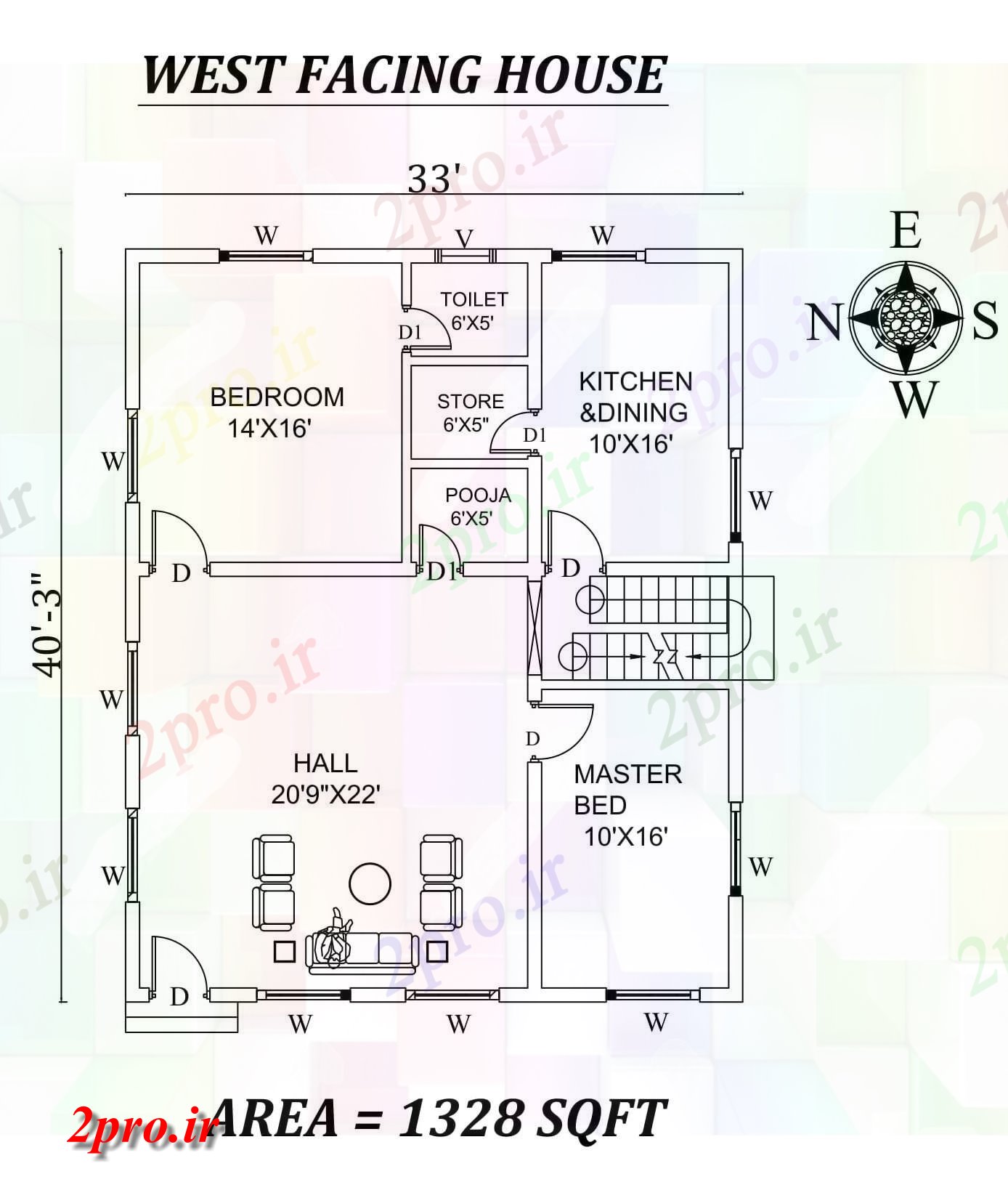 دانلود نقشه مسکونی ، ویلایی ، آپارتمان x40، 2bhk شگفت غرب مواجه خانه طرحی به عنوان در هر Vastu Shastra هستند اتوکد و جزئیات پی دی اف 9 در 11 متر (کد157615)