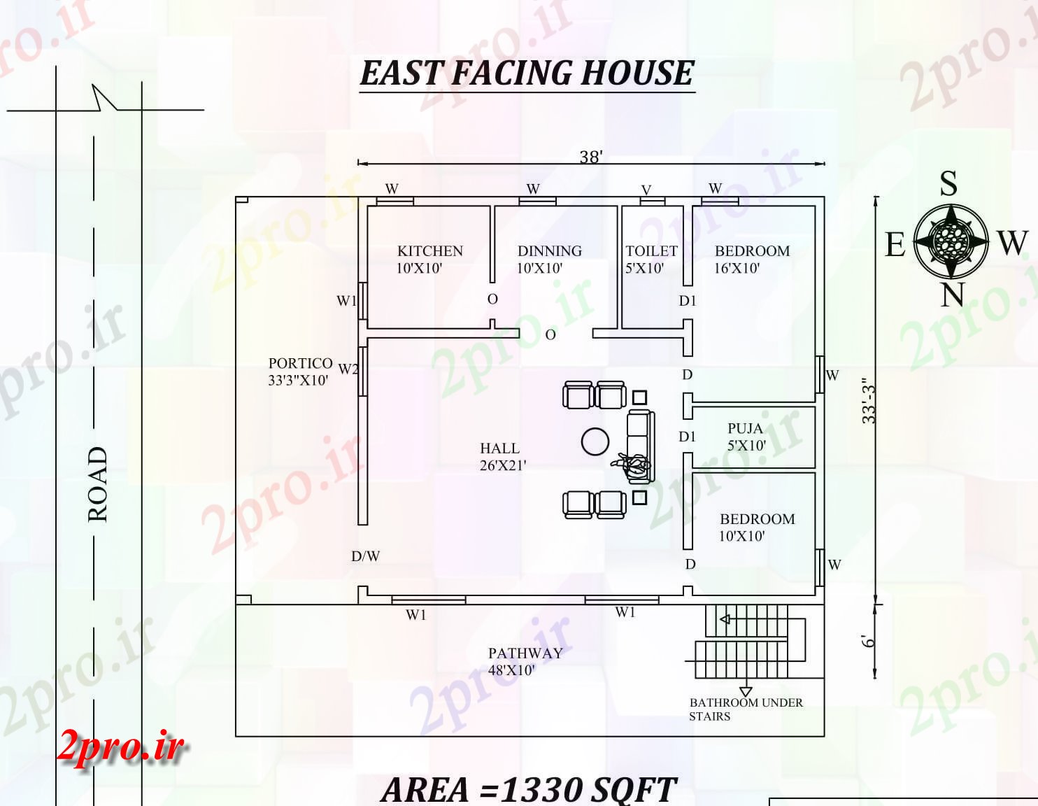 دانلود نقشه مسکونی ، ویلایی ، آپارتمان کامل 2bhk شرق 38'X39، مواجه خانه طرحی به عنوان در هر Vastu را Shastra و جزئیات پی دی اف 9 در 11 متر (کد157617)